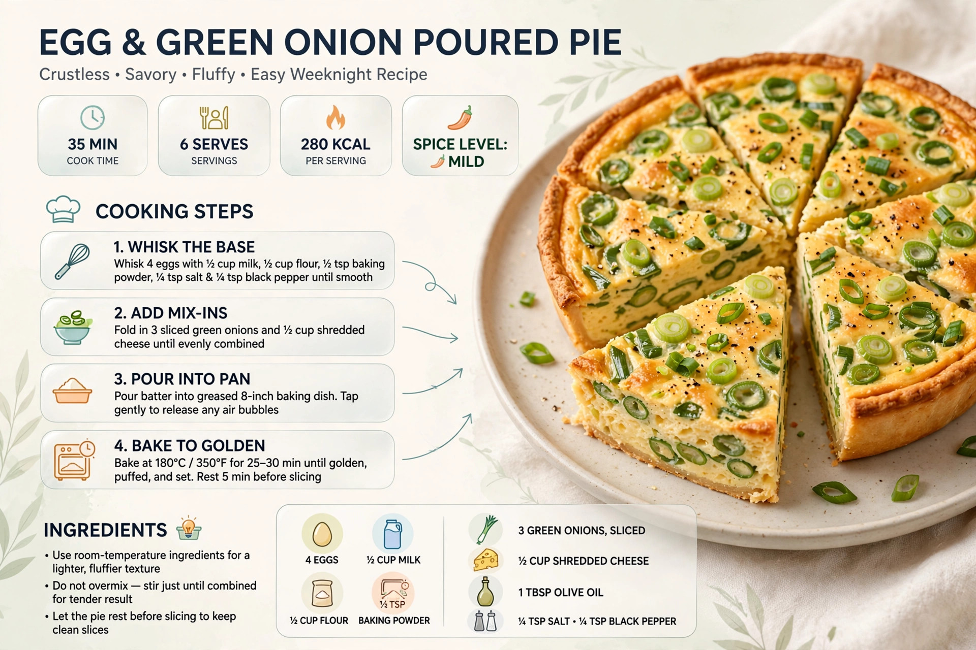 Recipe infographic: Egg and Green Onion Poured Pie — ingredients and step-by-step visual guide