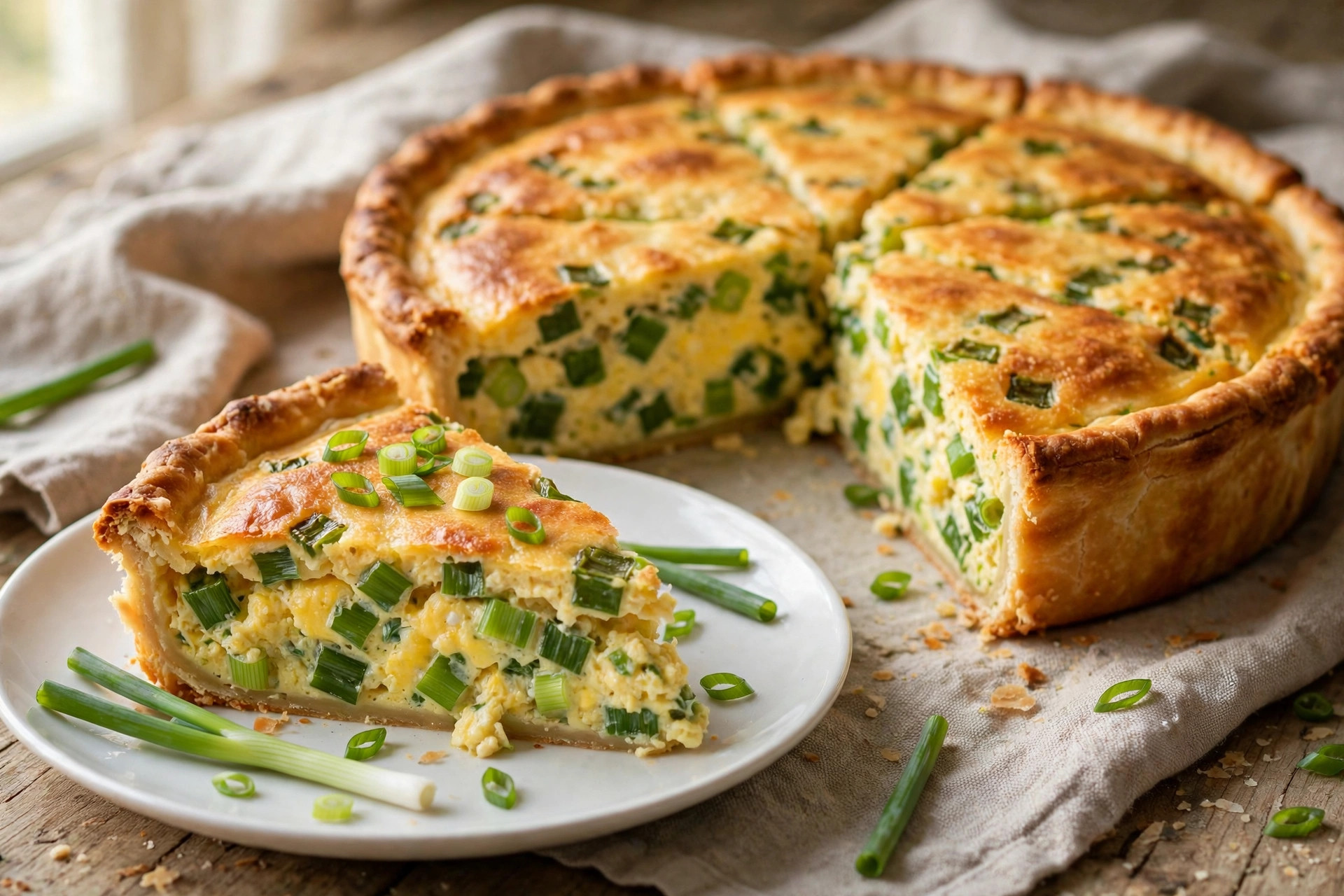 Golden egg and green onion poured pie, sliced to show the savory filling