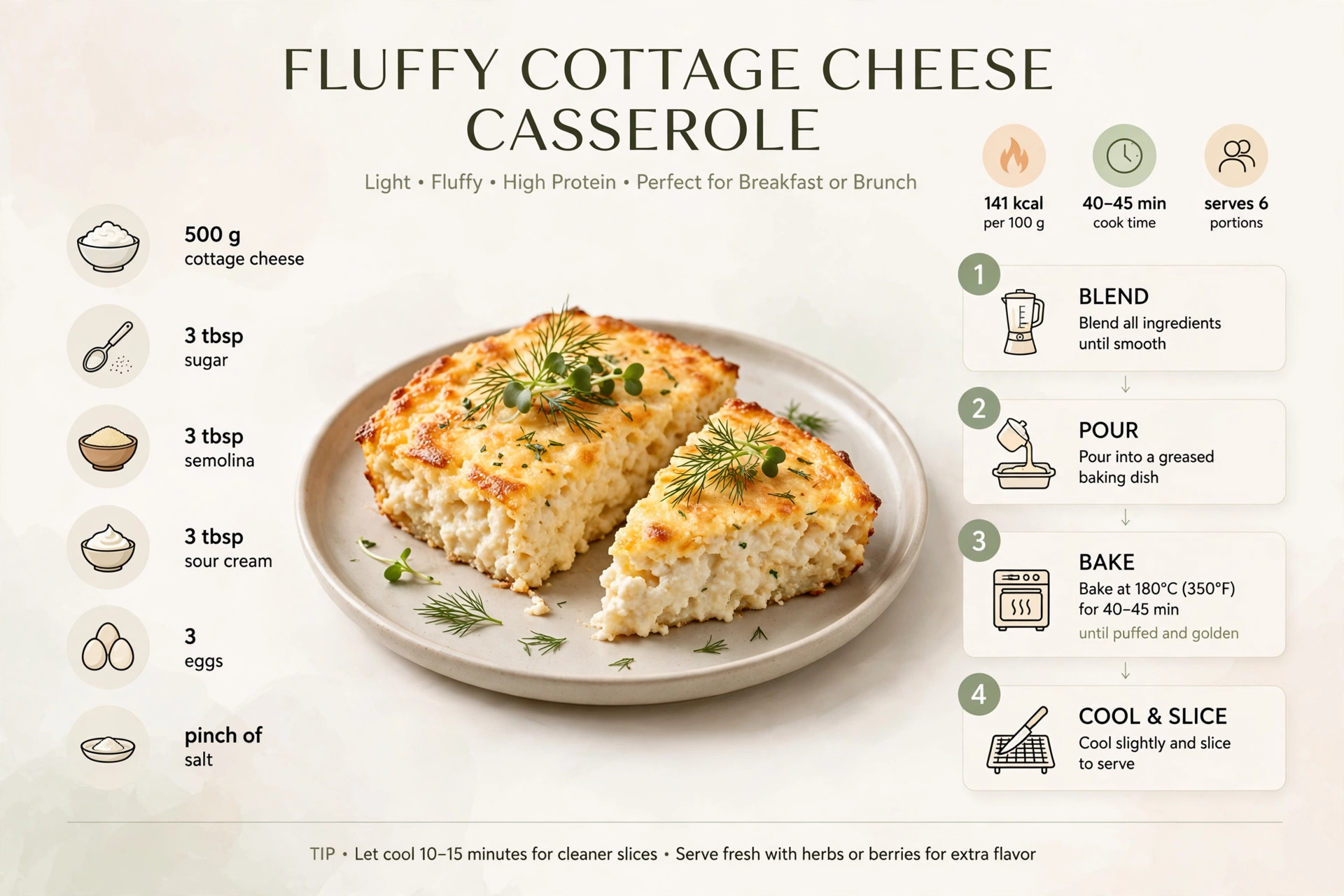 Recipe infographic: Fluffy Cottage Cheese Casserole — ingredients and step-by-step visual guide