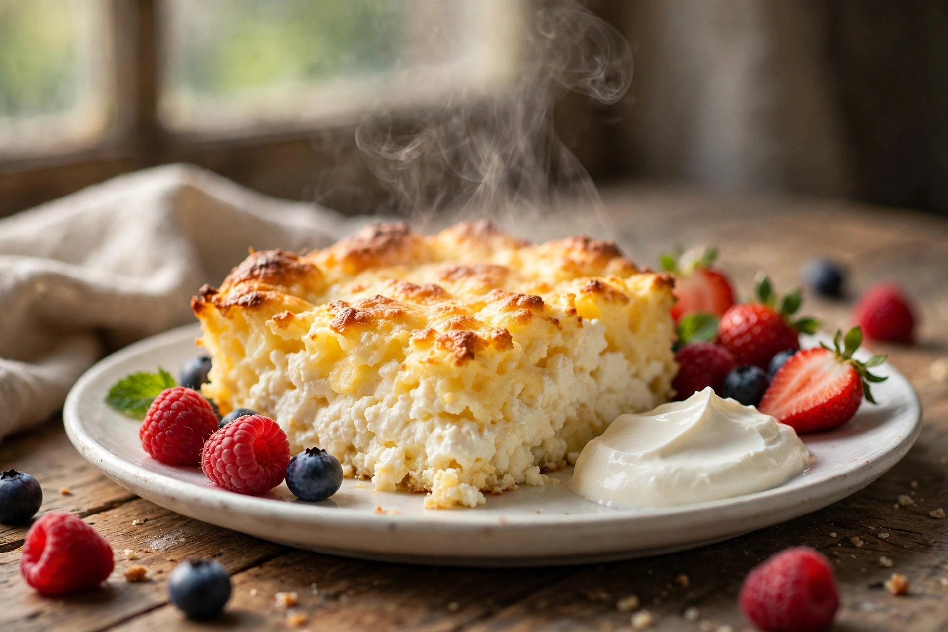 Fluffy cottage cheese casserole, golden and puffed, served with berries