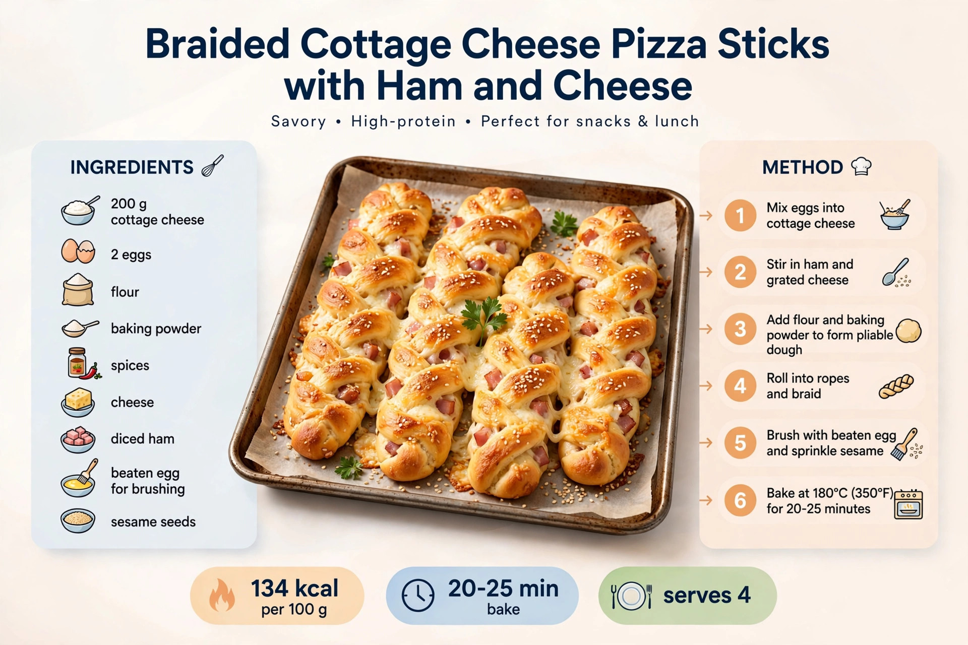 Recipe infographic: Braided Cottage Cheese Pizza Sticks with Ham and Cheese — ingredients and step-by-step visual guide
