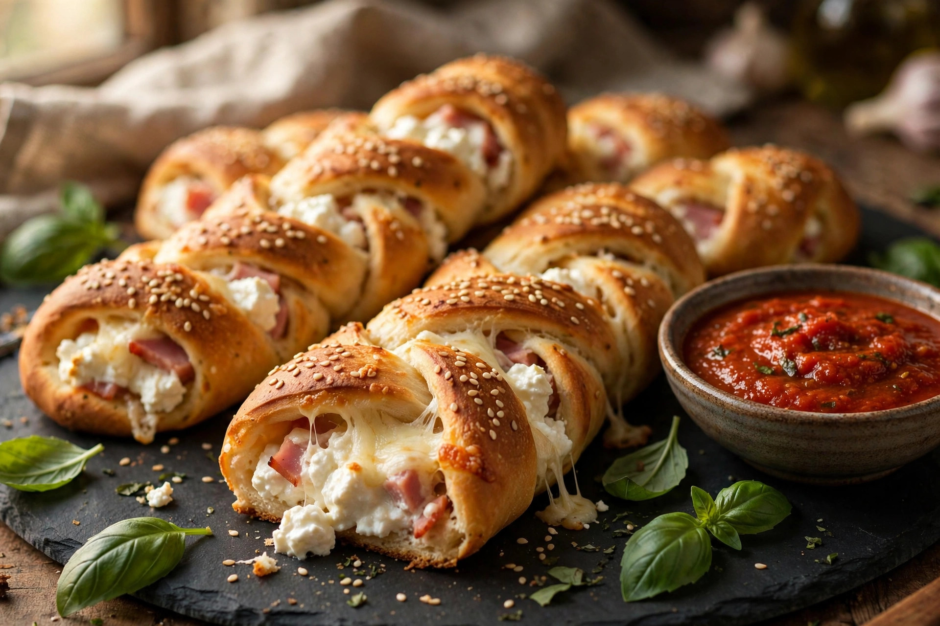 Golden braided pizza sticks with ham and melted cheese, sprinkled with sesame seeds, served warm with dipping sauce