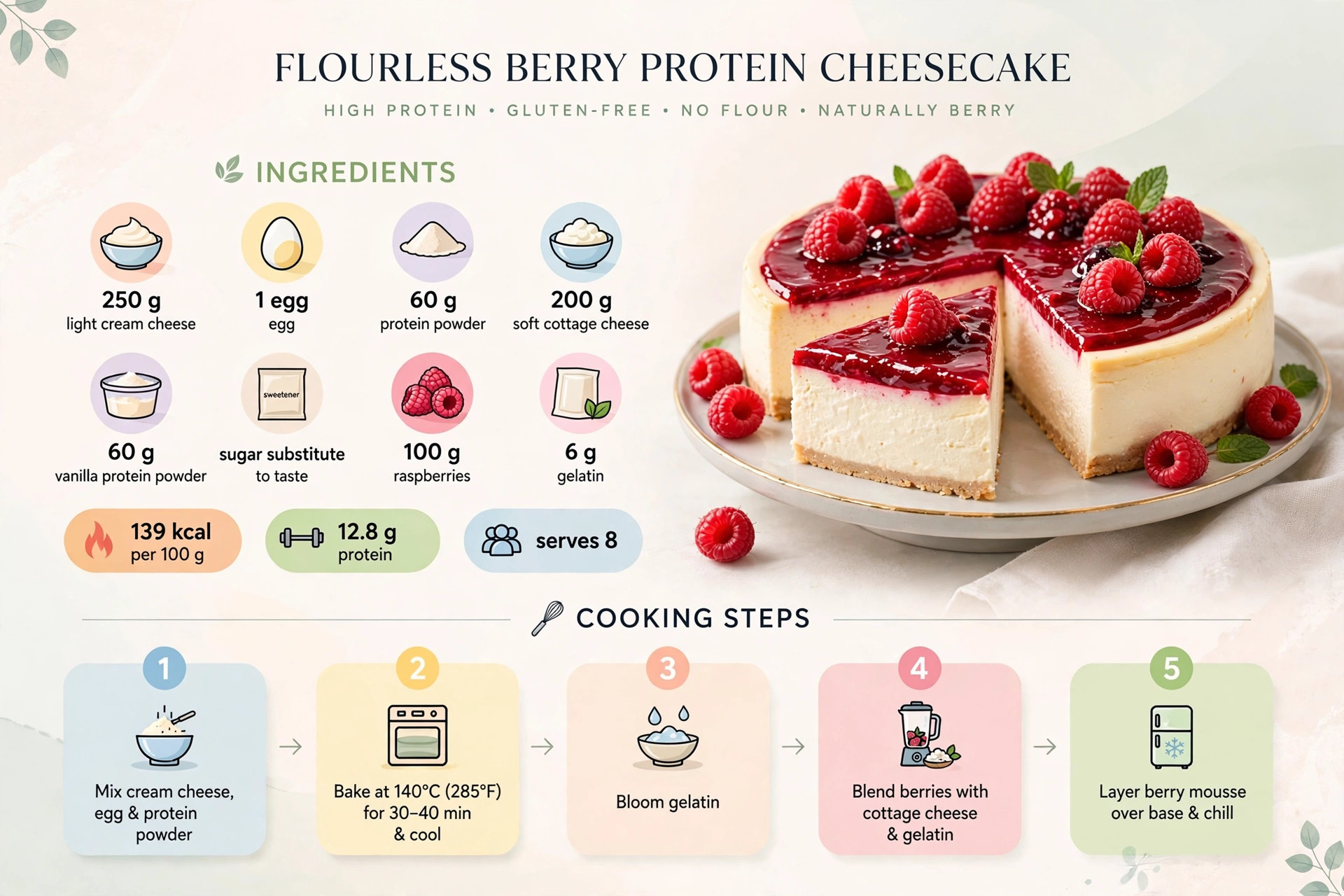 Recipe infographic: Flourless Berry Protein Cheesecake — ingredients and step-by-step visual guide