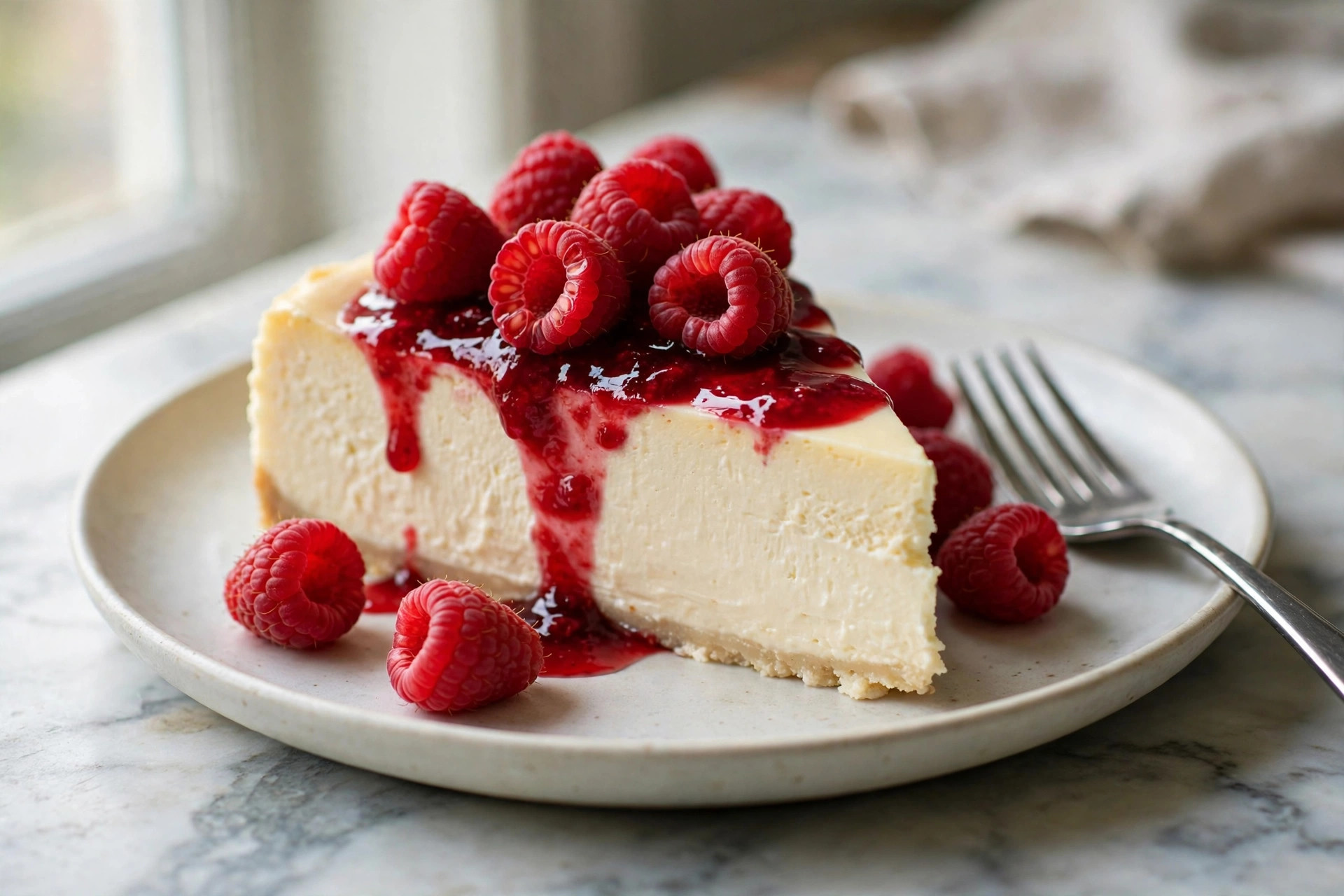 Slice of flourless berry protein cheesecake topped with fresh raspberries, showing the creamy berry layer