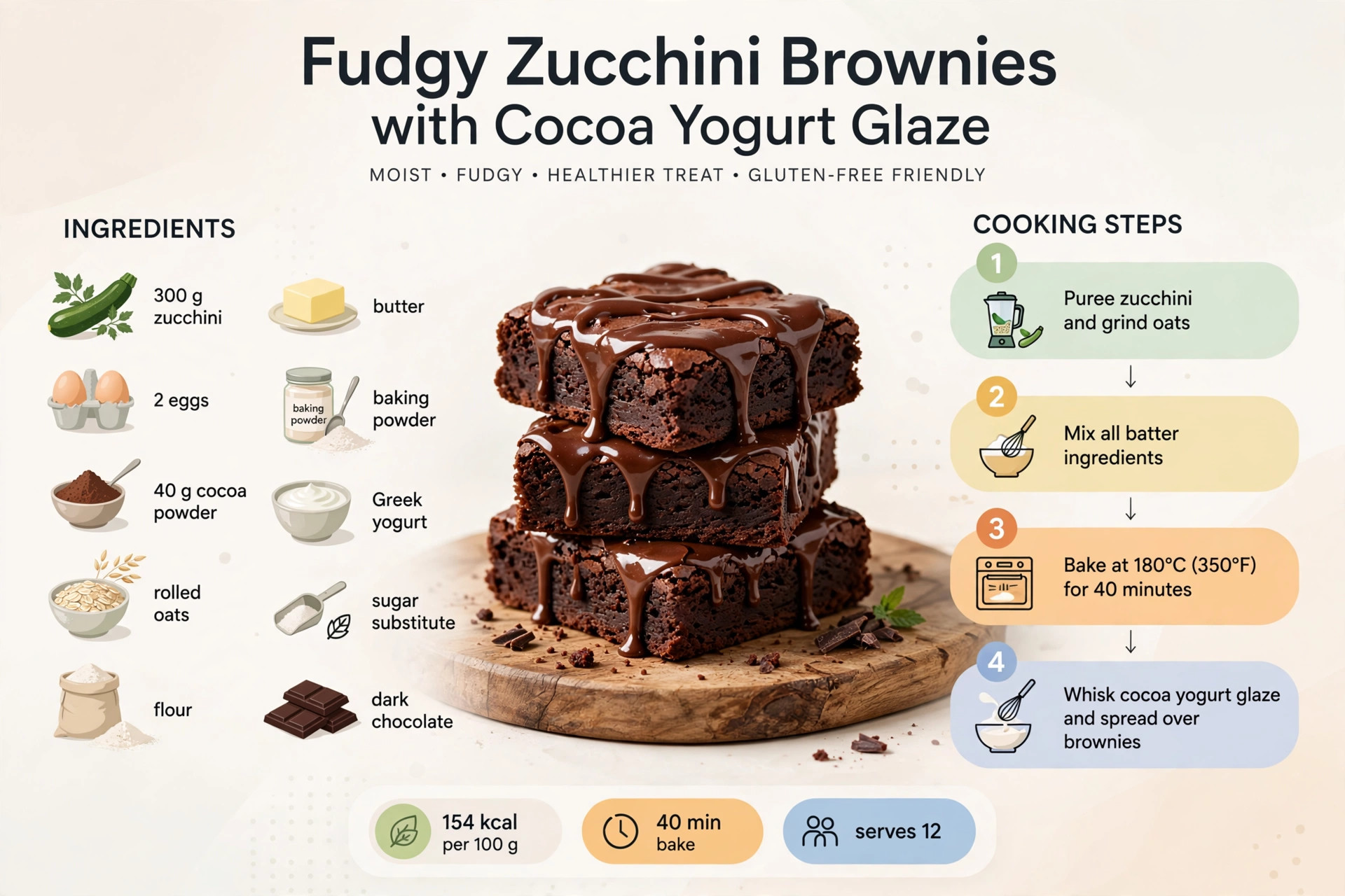 Recipe infographic: Fudgy Zucchini Brownies with Cocoa Yogurt Glaze — ingredients and step-by-step visual guide