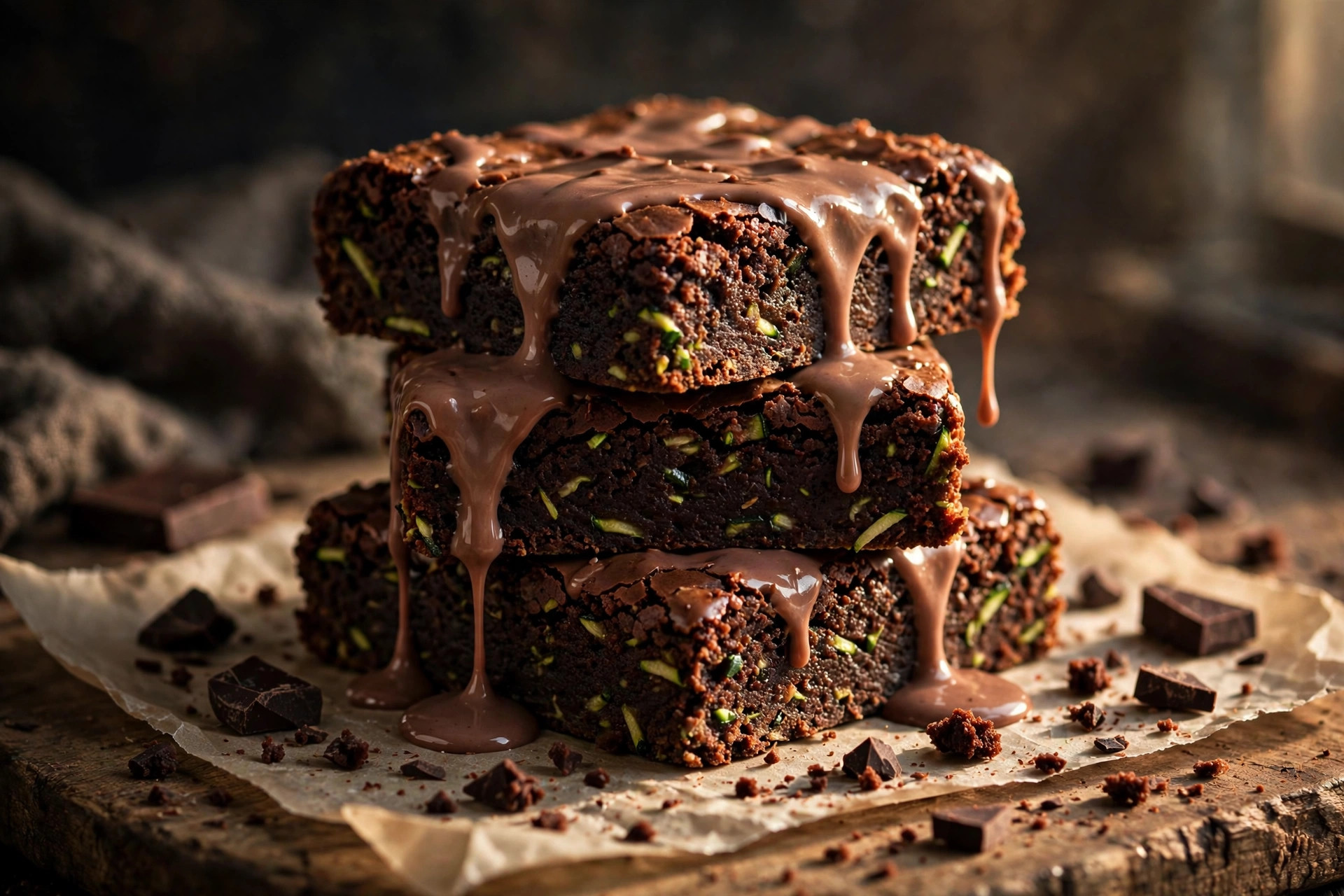 Fudgy zucchini brownies drizzled with cocoa yogurt glaze and sprinkled with chopped dark chocolate