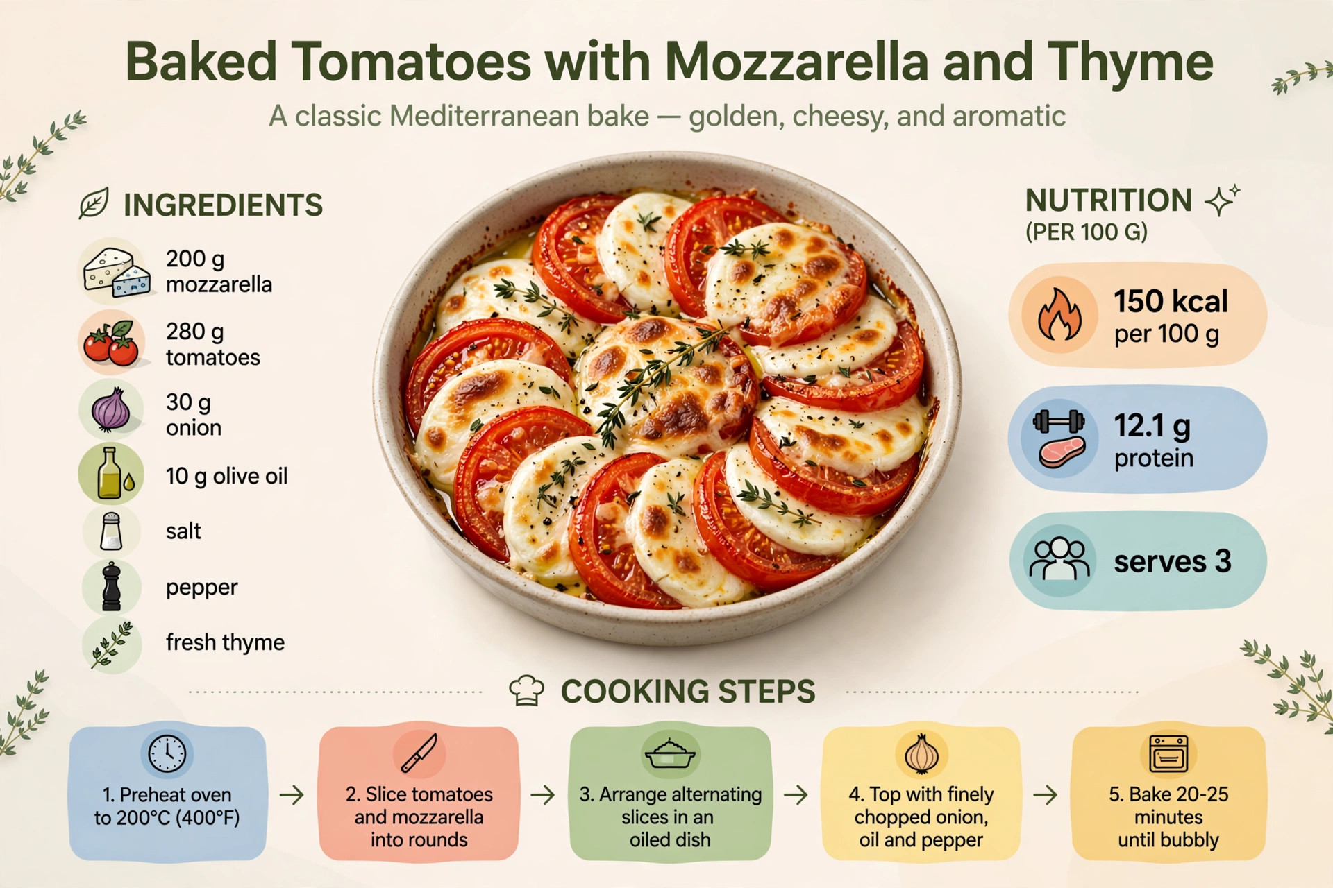 Recipe infographic: Baked Tomatoes with Mozzarella and Thyme — ingredients and step-by-step visual guide