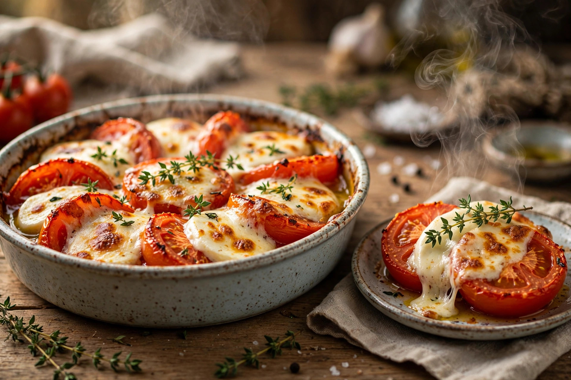 Baked tomatoes layered with melted mozzarella, topped with finely chopped onion and fresh thyme