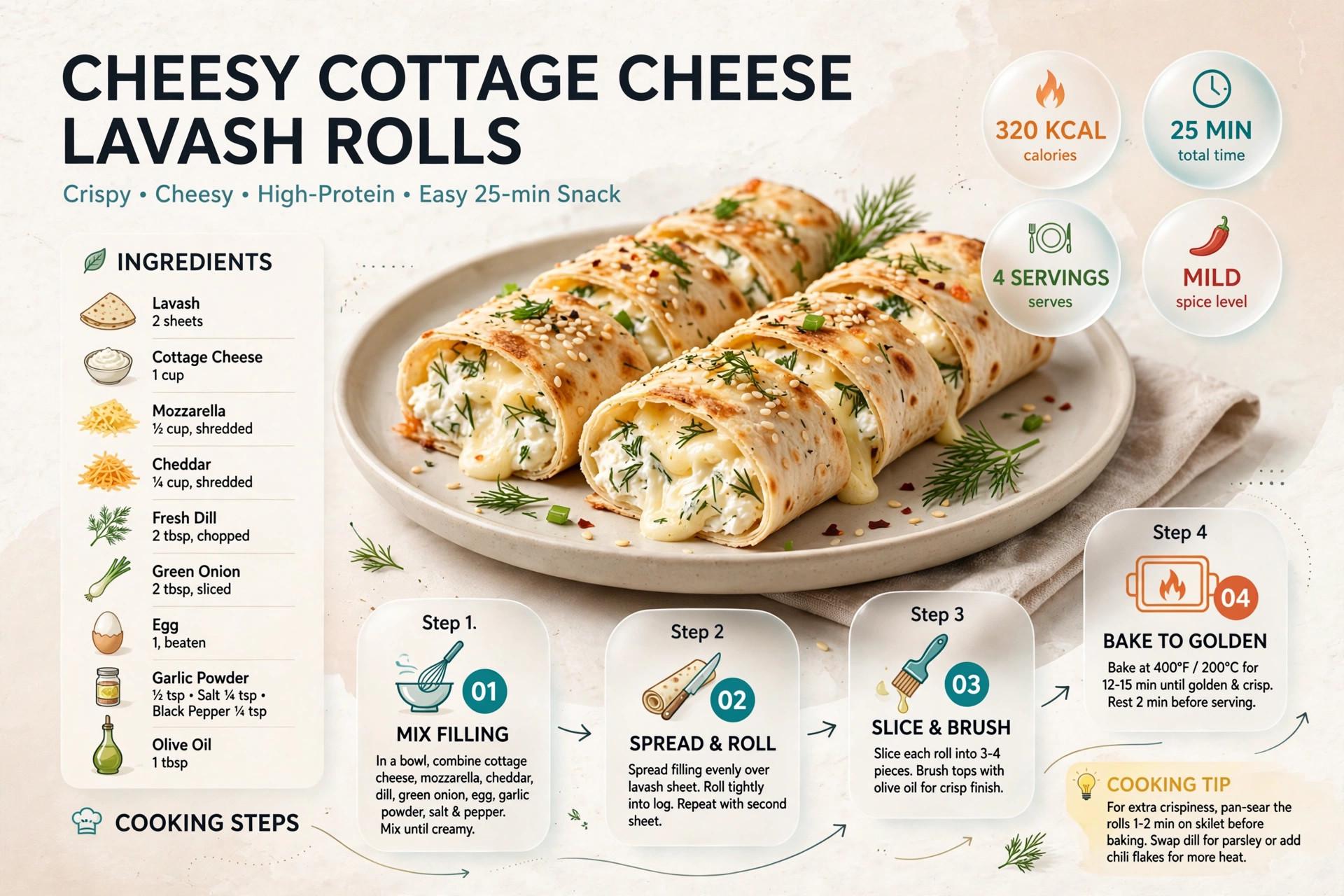Recipe infographic: Cheesy Cottage Cheese Lavash Rolls — ingredients and step-by-step visual guide