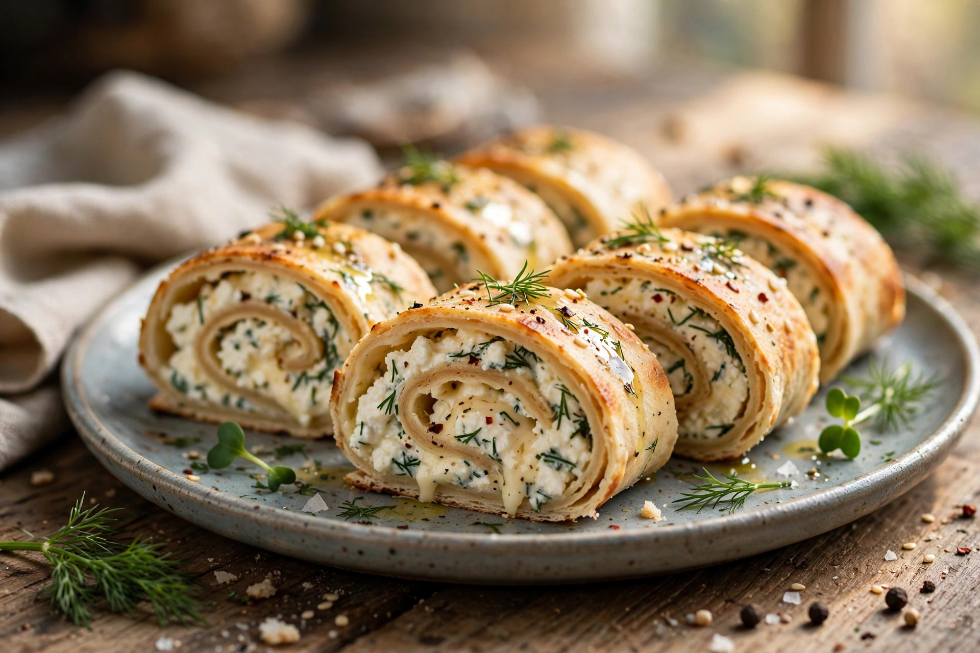 Golden pan-fried lavash rolls stuffed with cottage cheese, herbs and grated cheese, stacked on a plate