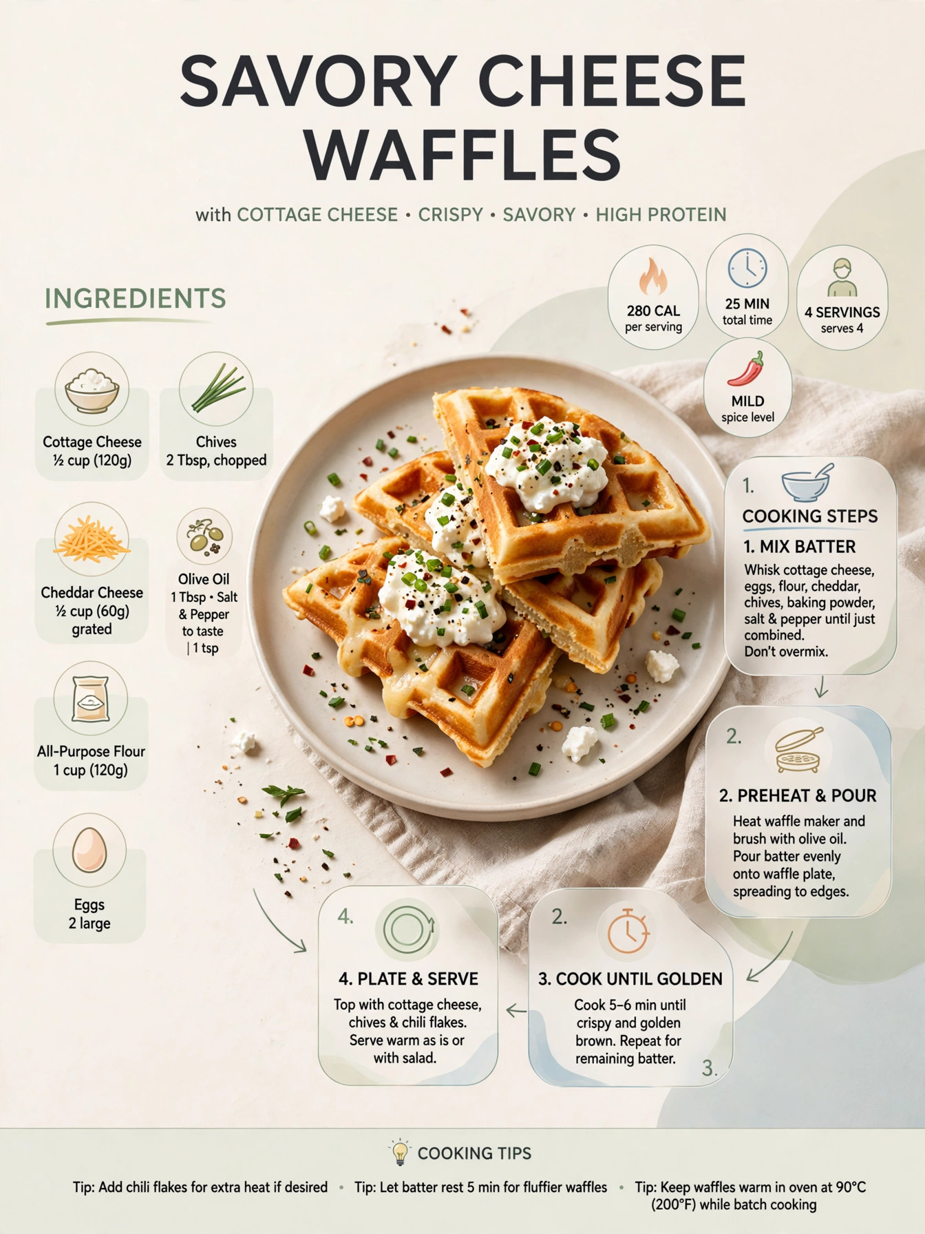 Recipe infographic: Savory Cheese Waffles with Cottage Cheese — ingredients and step-by-step visual guide
