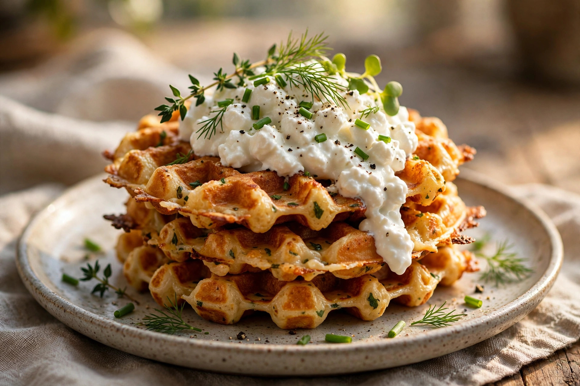 Stack of golden savory cheese waffles made with cottage cheese, topped with fresh herbs