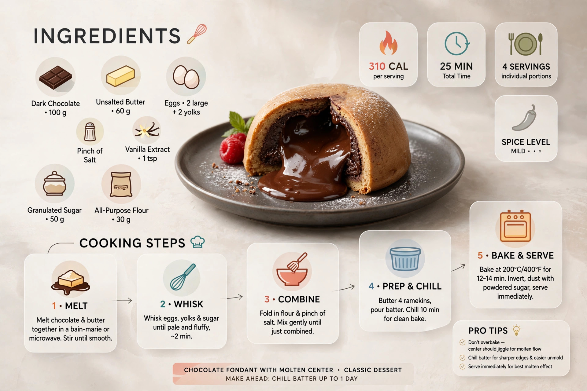 Recipe infographic: Chocolate Fondant with a Molten Center — ingredients and step-by-step visual guide