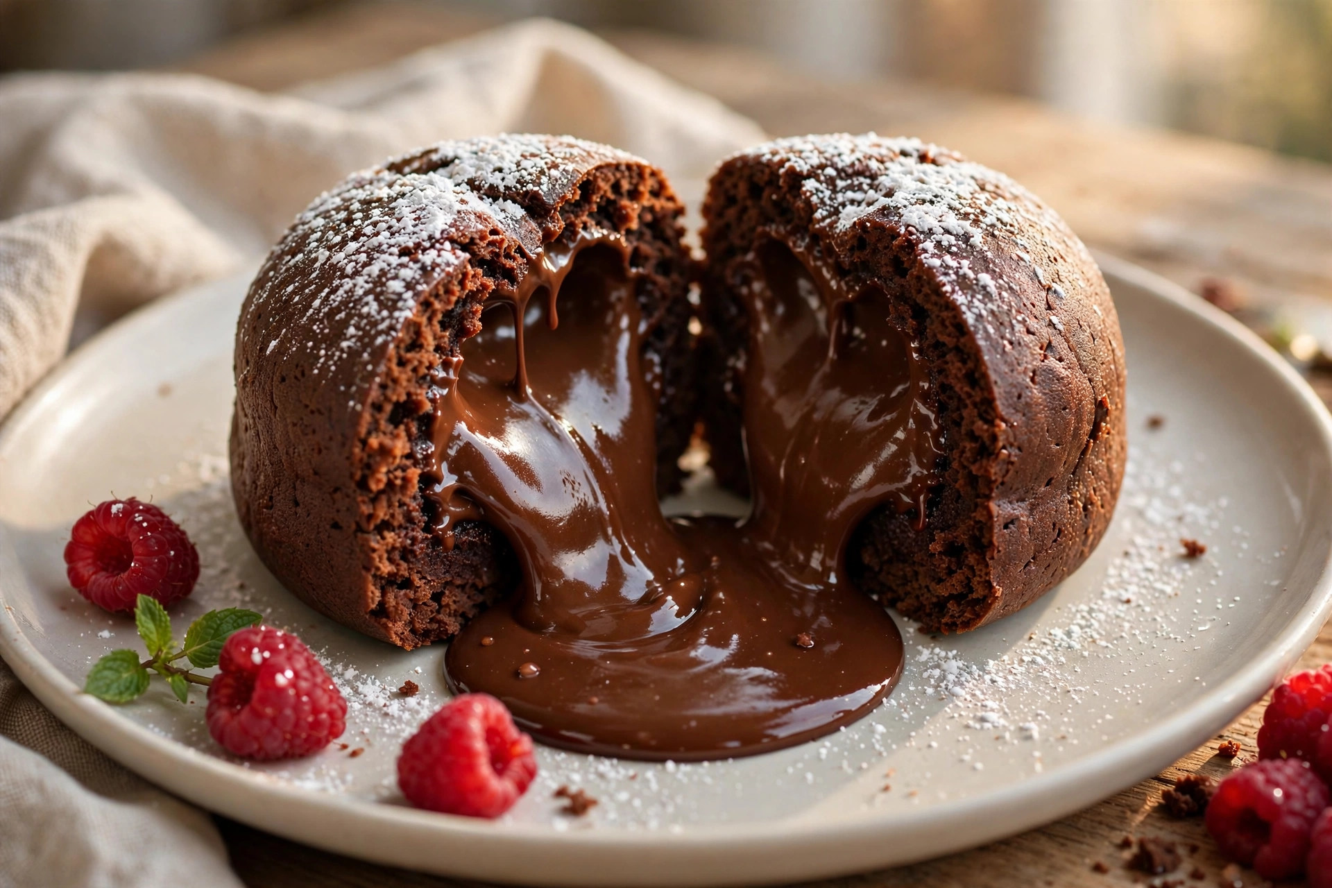 Chocolate fondant with a molten center served in a ramekin, warm chocolate flowing out