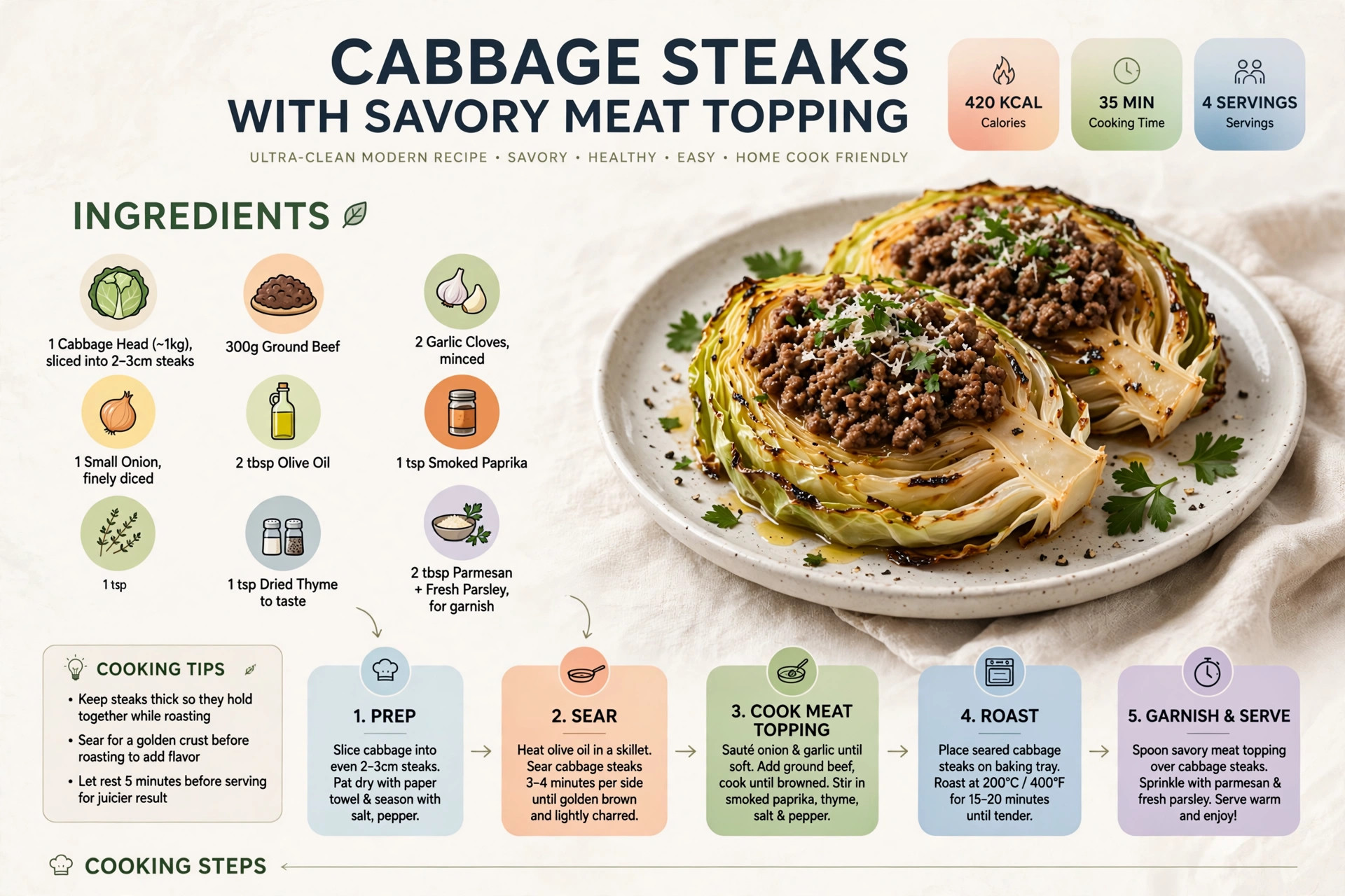 Recipe infographic: Cabbage Steaks with Savory Meat Topping — ingredients and step-by-step visual guide