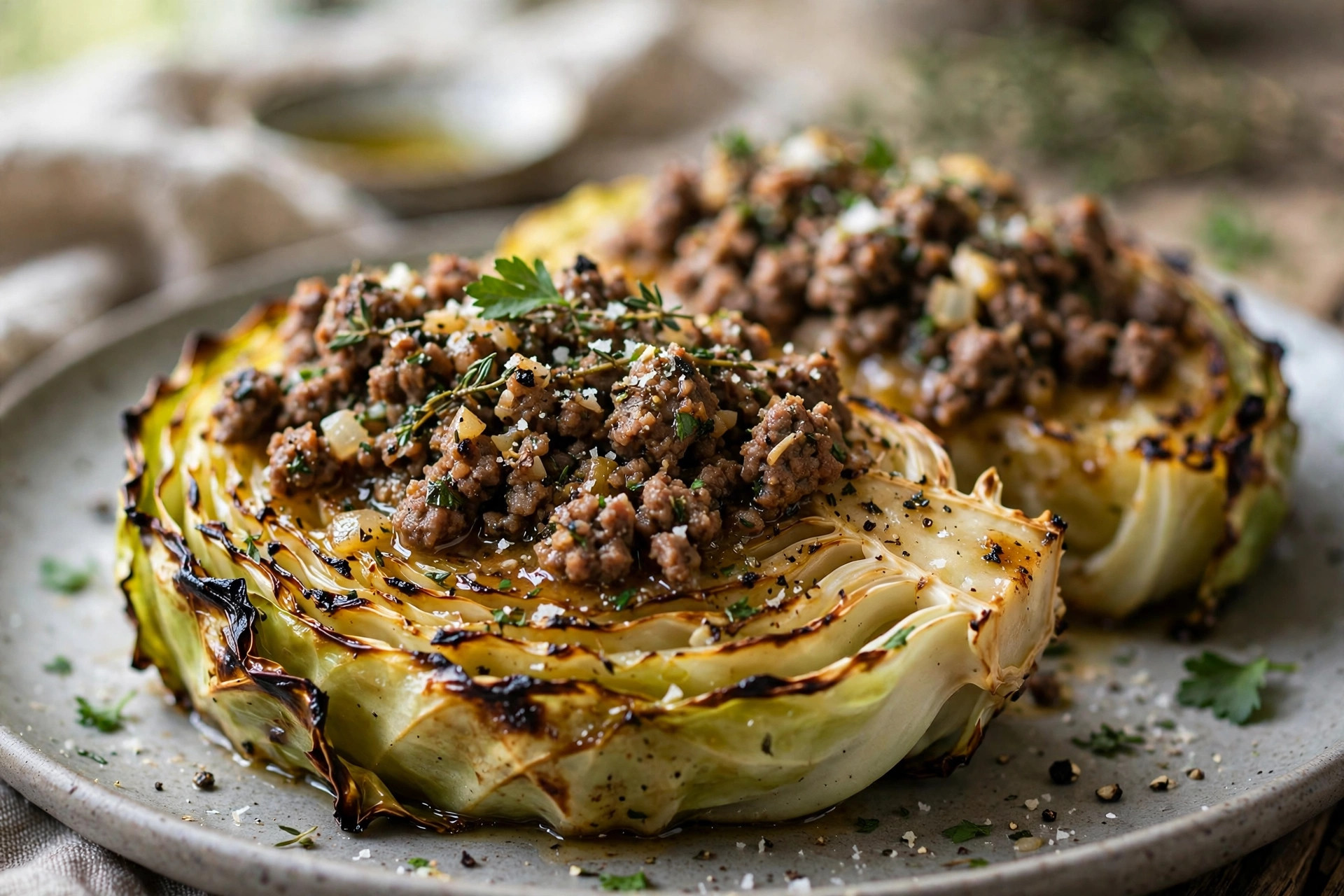 Baked cabbage steaks topped with savory ground meat, tomato slices and melted cheese