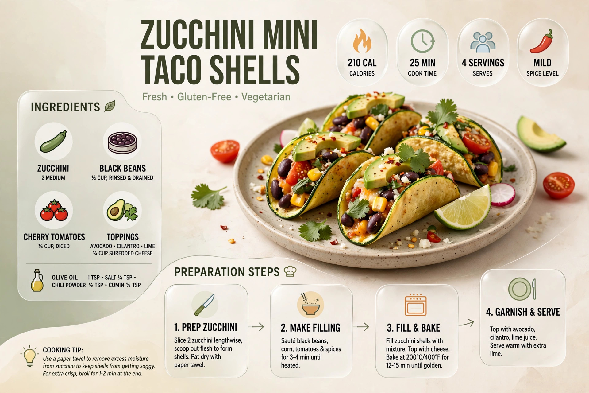 Recipe infographic: Zucchini Mini Taco Shells — ingredients and step-by-step visual guide