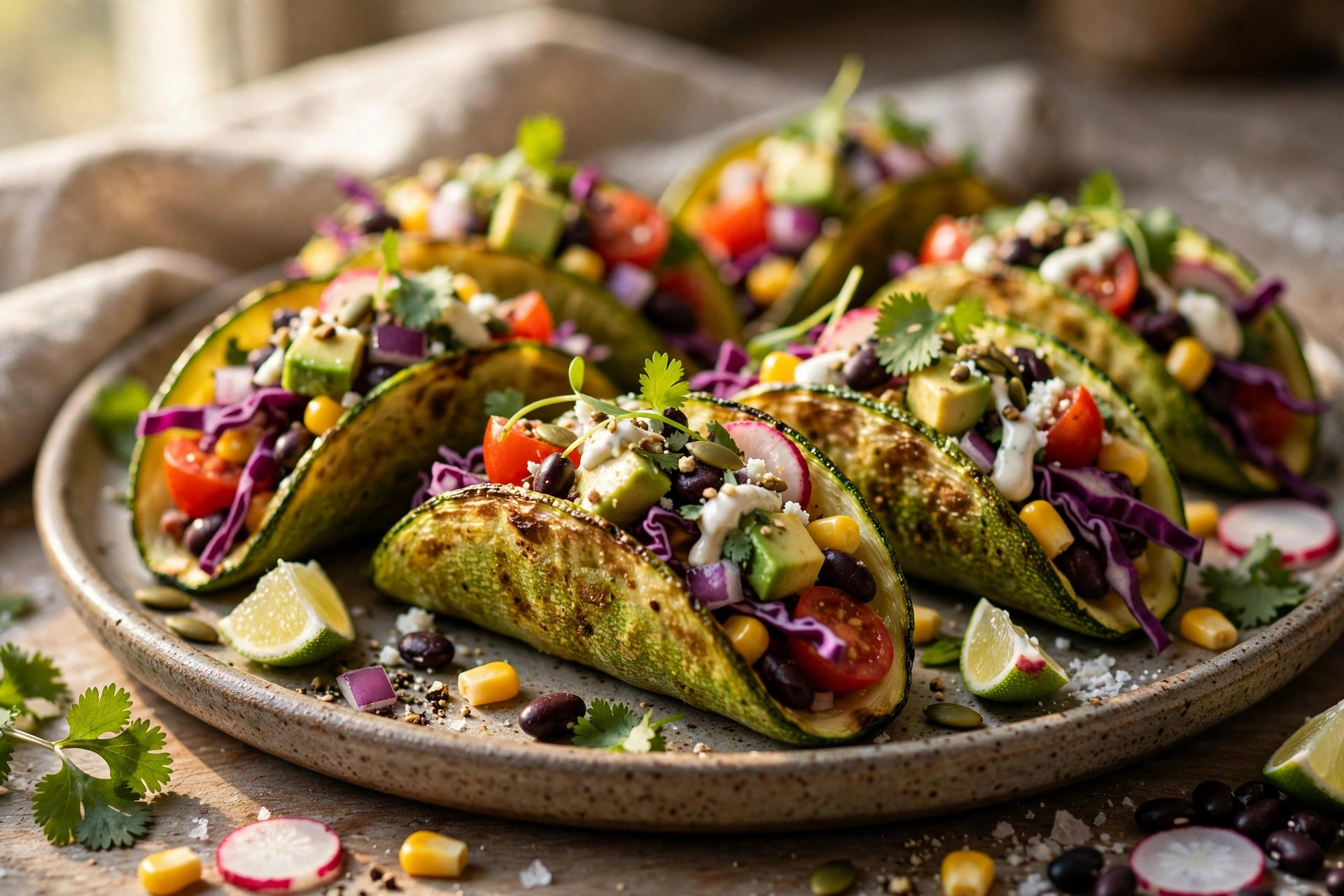 Golden zucchini mini taco shells folded into shape, ready for filling