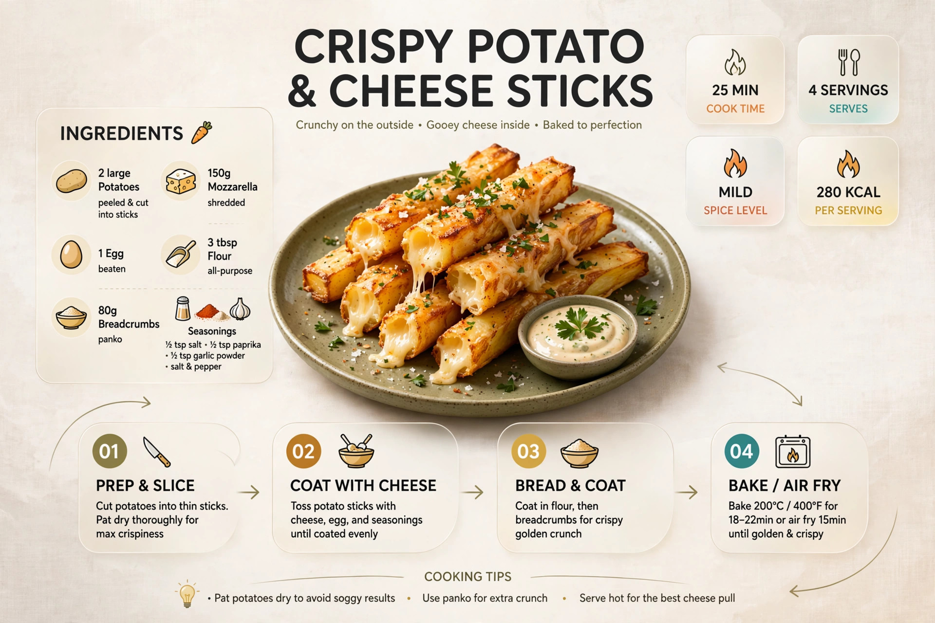 Recipe infographic: Crispy Potato and Cheese Sticks — ingredients and step-by-step visual guide