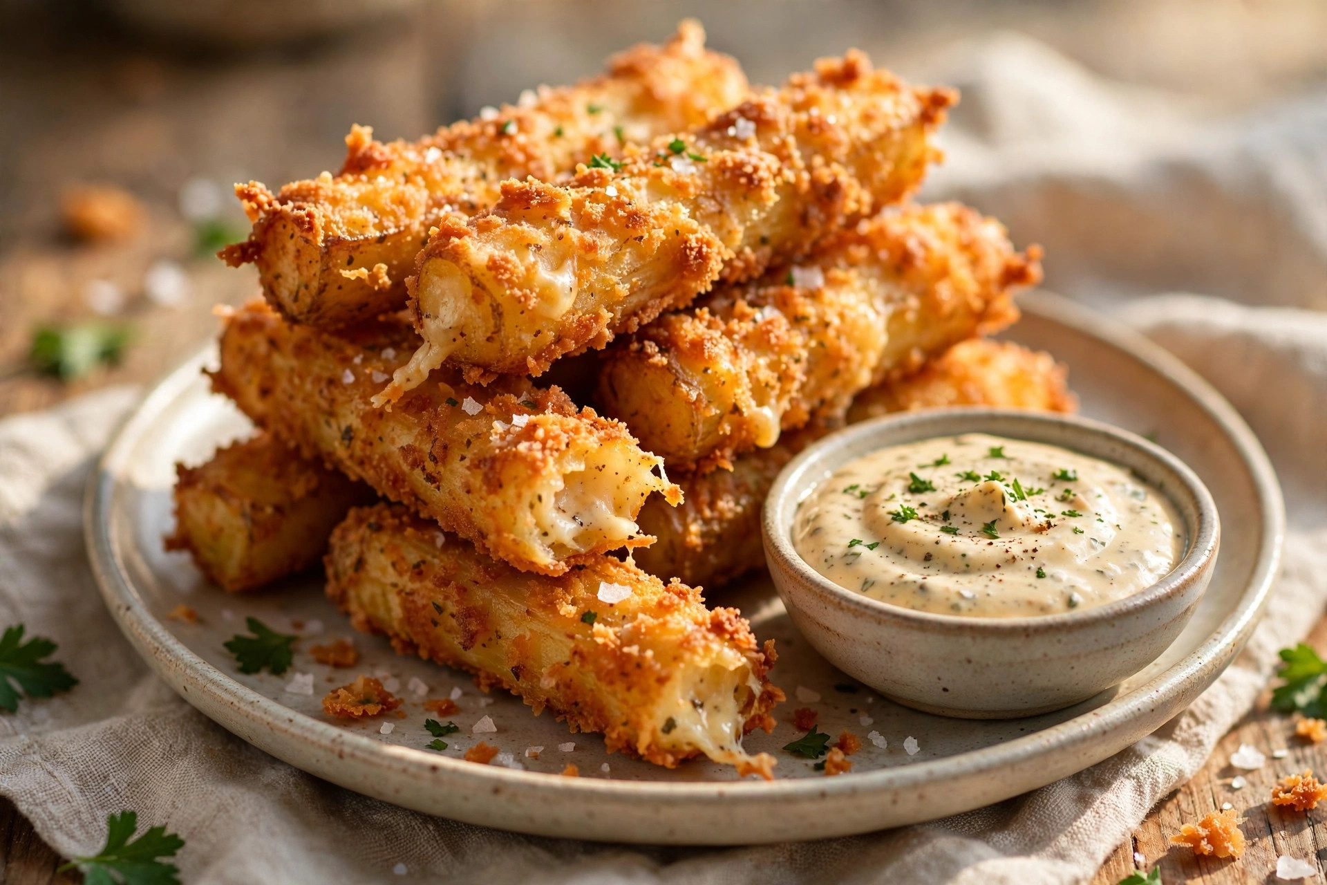 Crispy golden potato and cheese sticks served with a dipping sauce