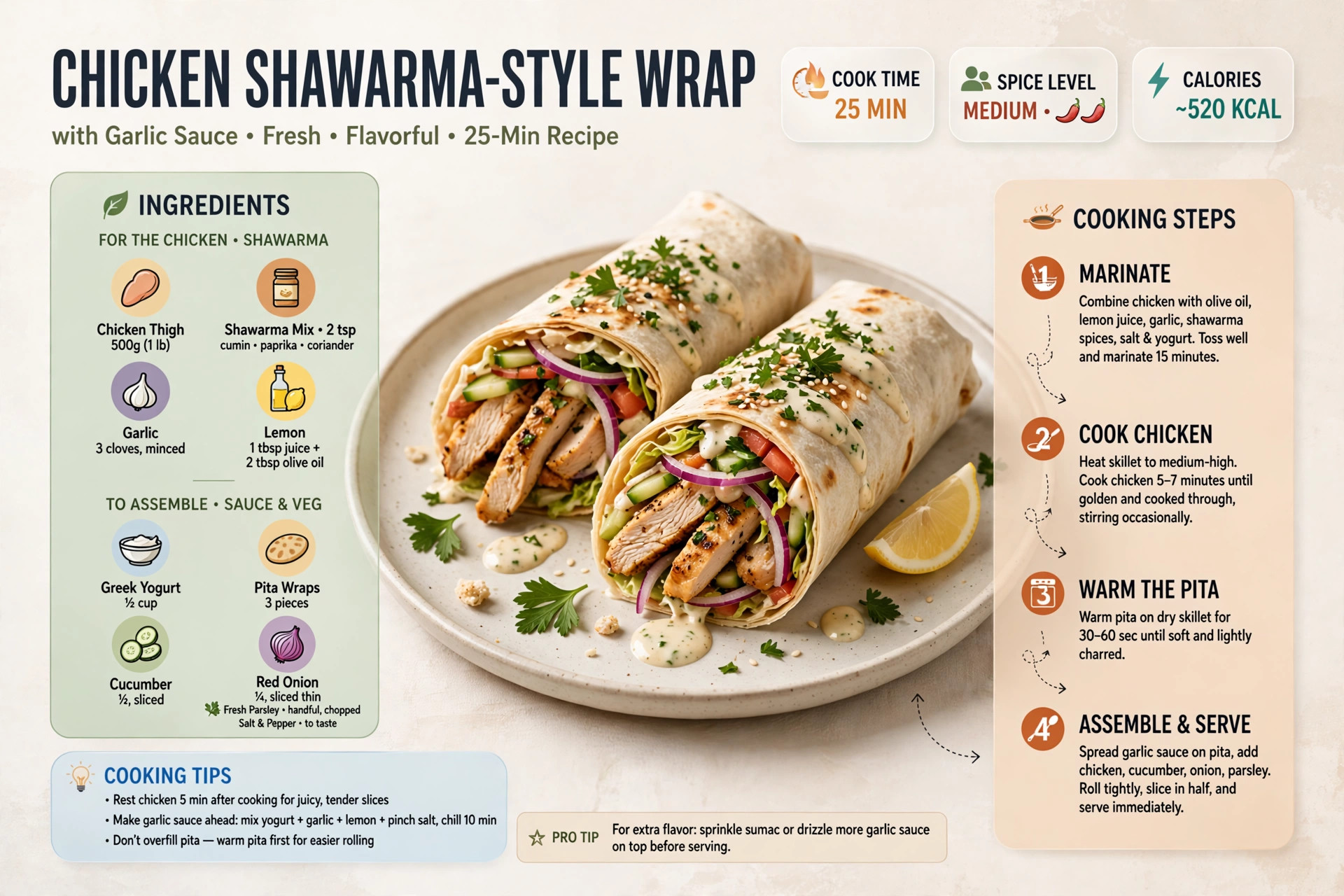 Recipe infographic: Chicken Shawarma-Style Wrap with Garlic Sauce — ingredients and step-by-step visual guide