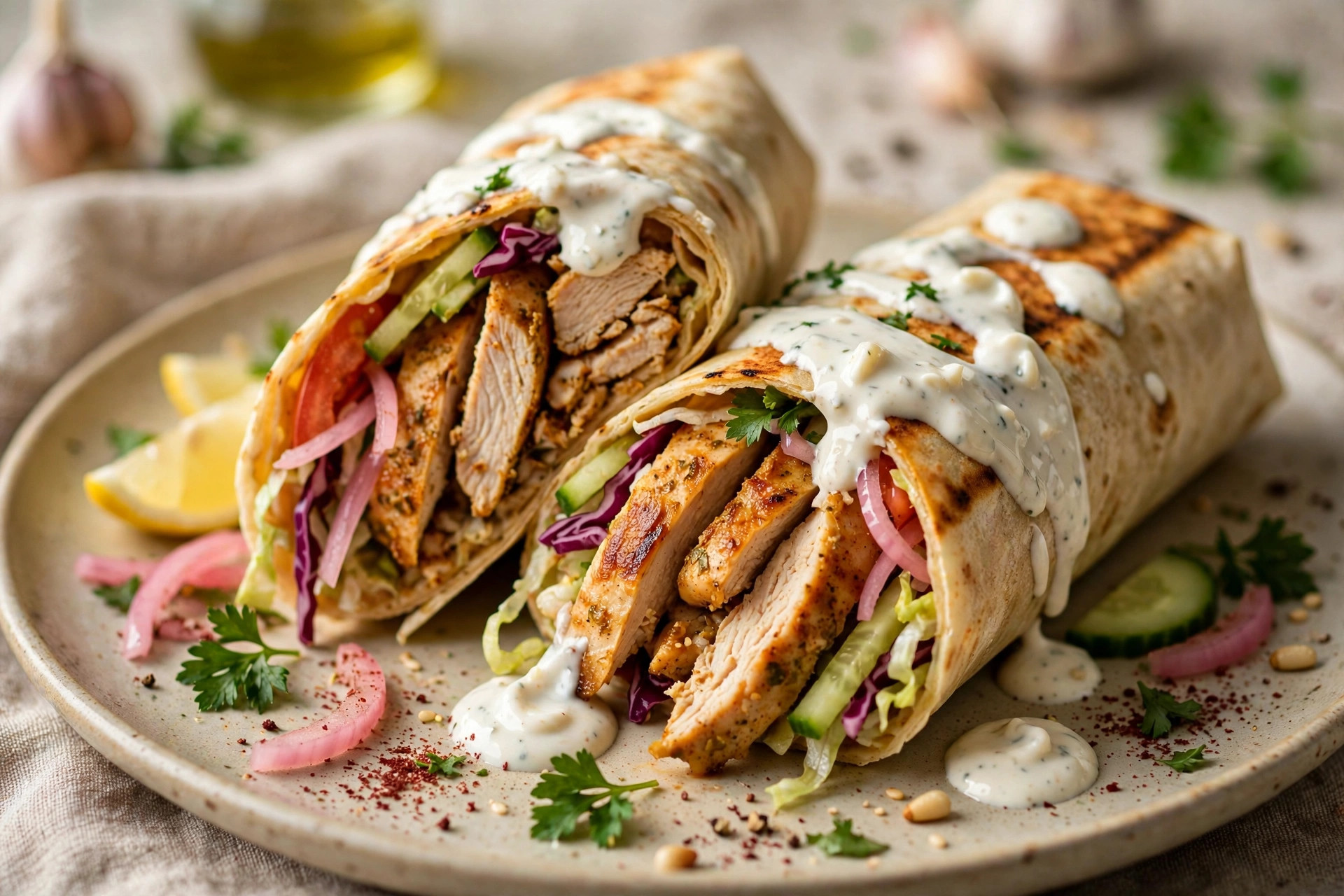 Chicken shawarma-style wrap with garlic sauce, sliced open to show juicy spiced chicken, marinated red onion, and fresh tomatoes