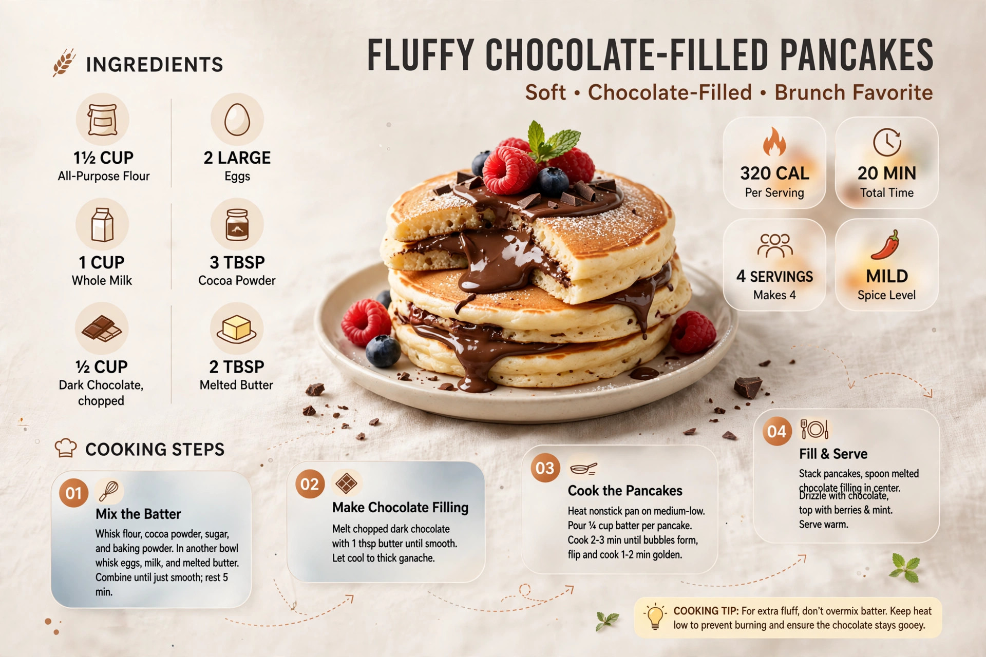 Recipe infographic: Fluffy Chocolate-Filled Pancakes — ingredients and step-by-step visual guide