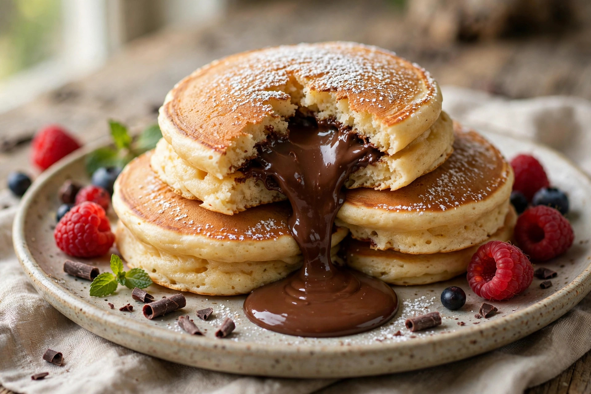 Stack of fluffy chocolate-filled pancakes with a molten chocolate center, drizzled with syrup