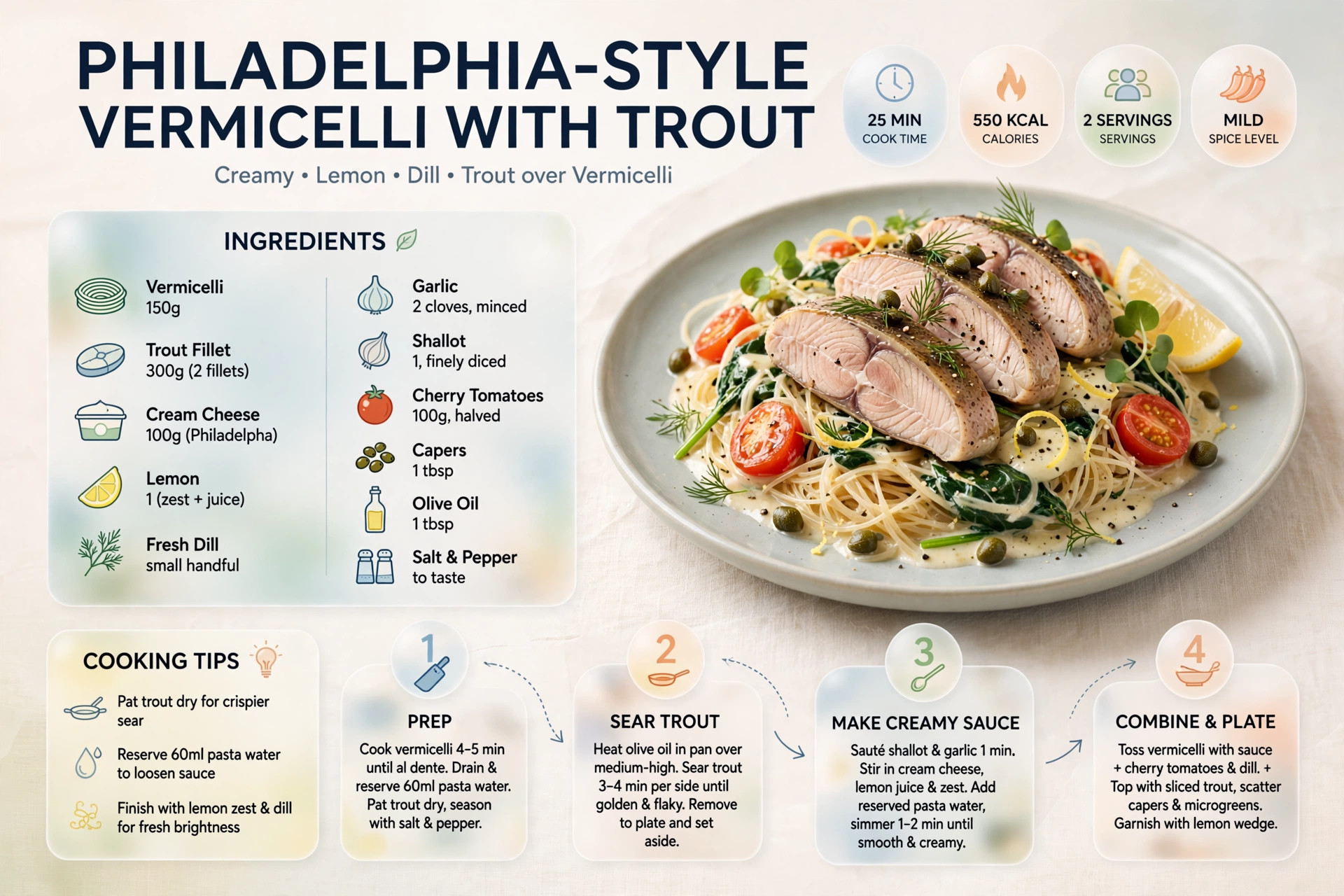 Recipe infographic: Philadelphia-Style Vermicelli with Trout — ingredients and step-by-step visual guide