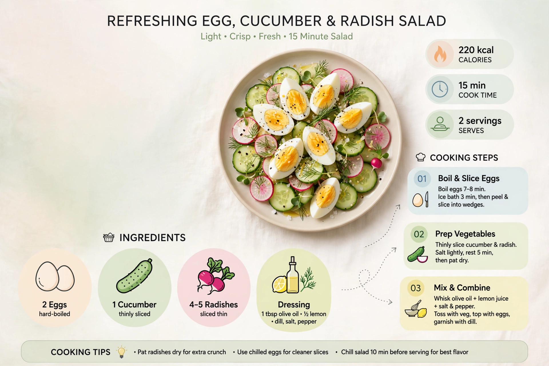 Recipe infographic: Refreshing Egg, Cucumber and Radish Salad — ingredients and step-by-step visual guide