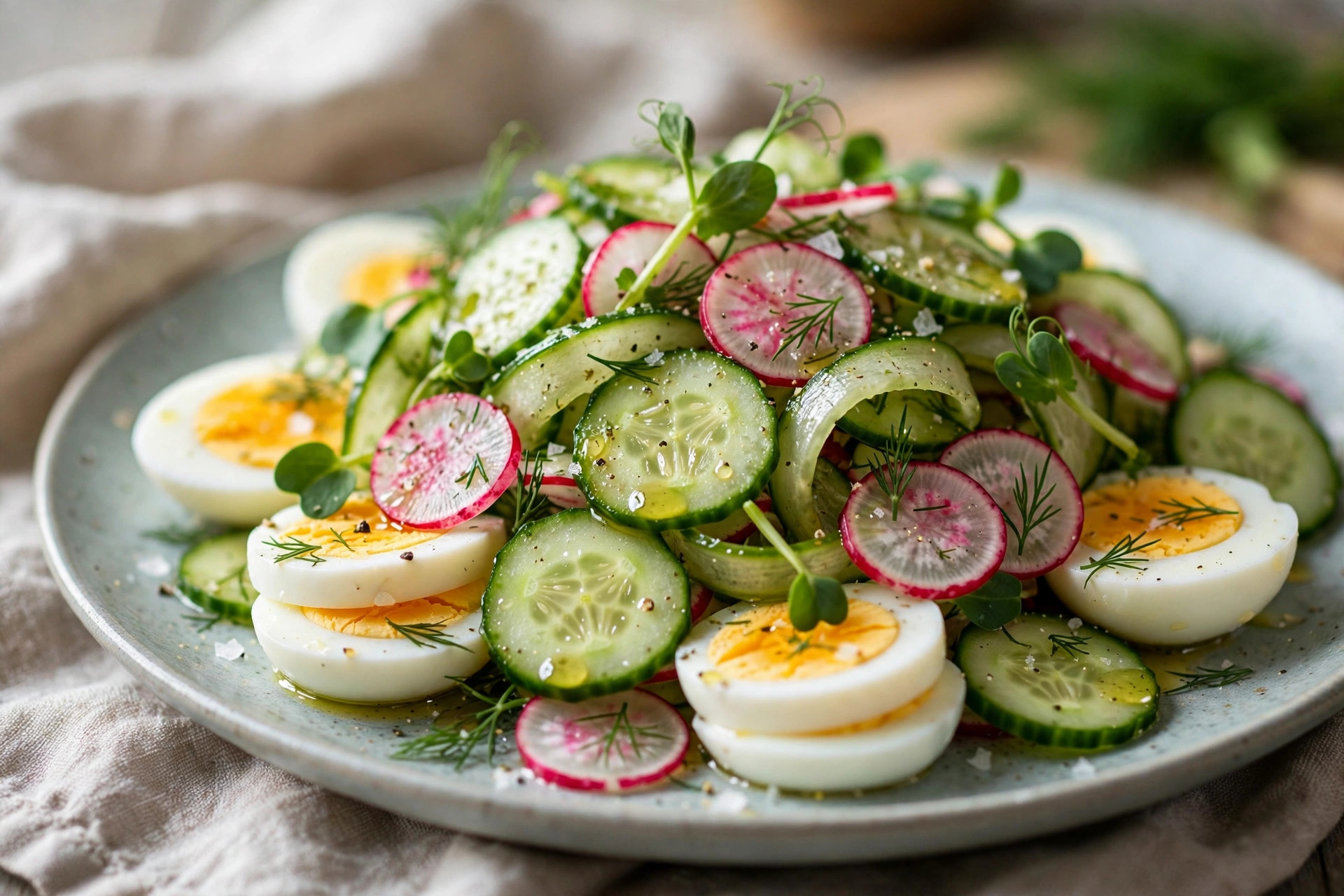 Fresh egg, cucumber and radish salad with green onions in a light sour cream dressing