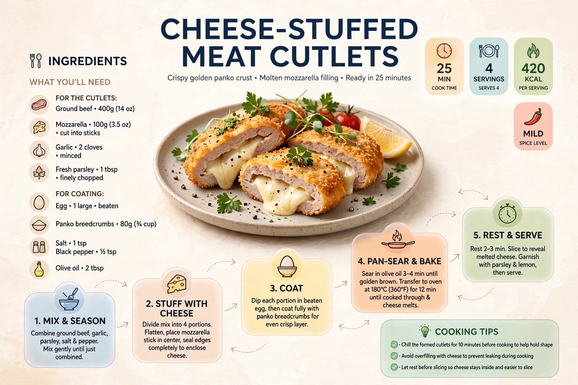 Recipe infographic: Cheese-Stuffed Meat Cutlets — ingredients and step-by-step visual guide