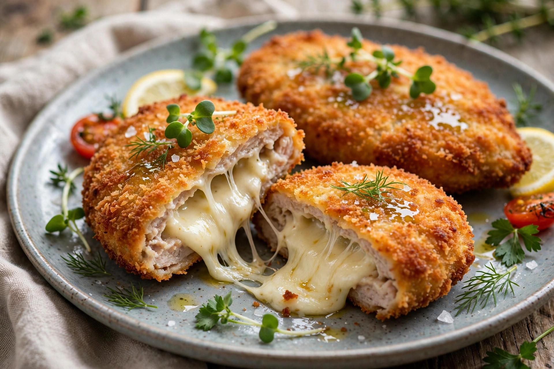 Golden baked cheese-stuffed meat cutlets with a molten cheese center, one cut open on a plate