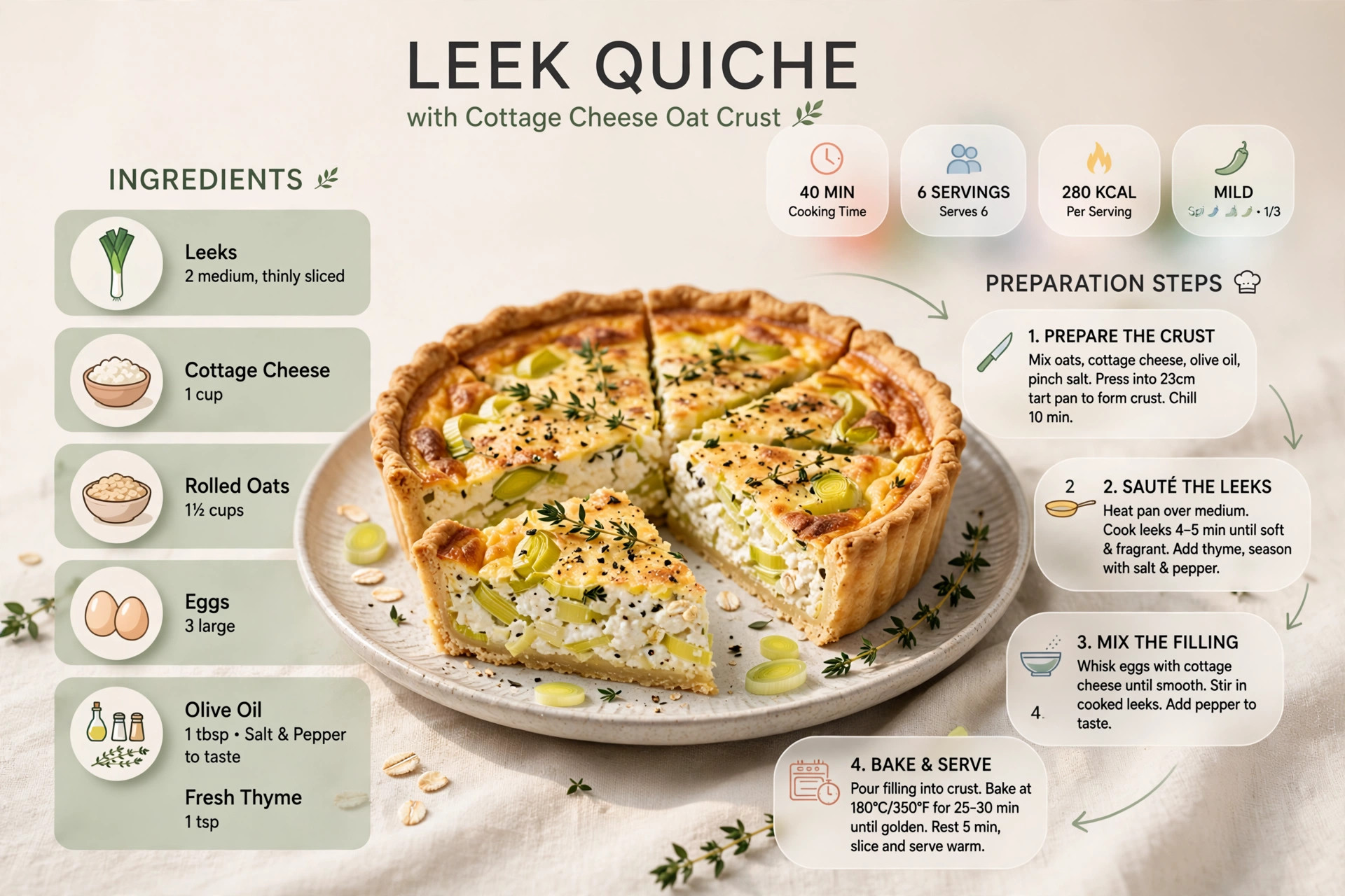 Recipe infographic: Leek Quiche with Cottage Cheese Oat Crust — ingredients and step-by-step visual guide