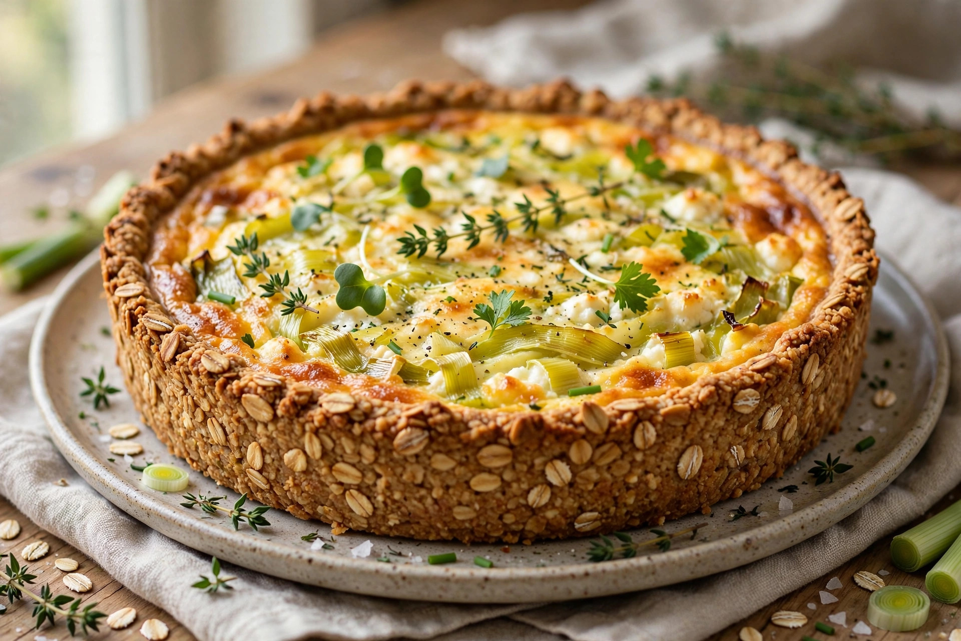 Slice of golden leek quiche with cottage cheese oat crust, bacon, and melted mozzarella on a plate