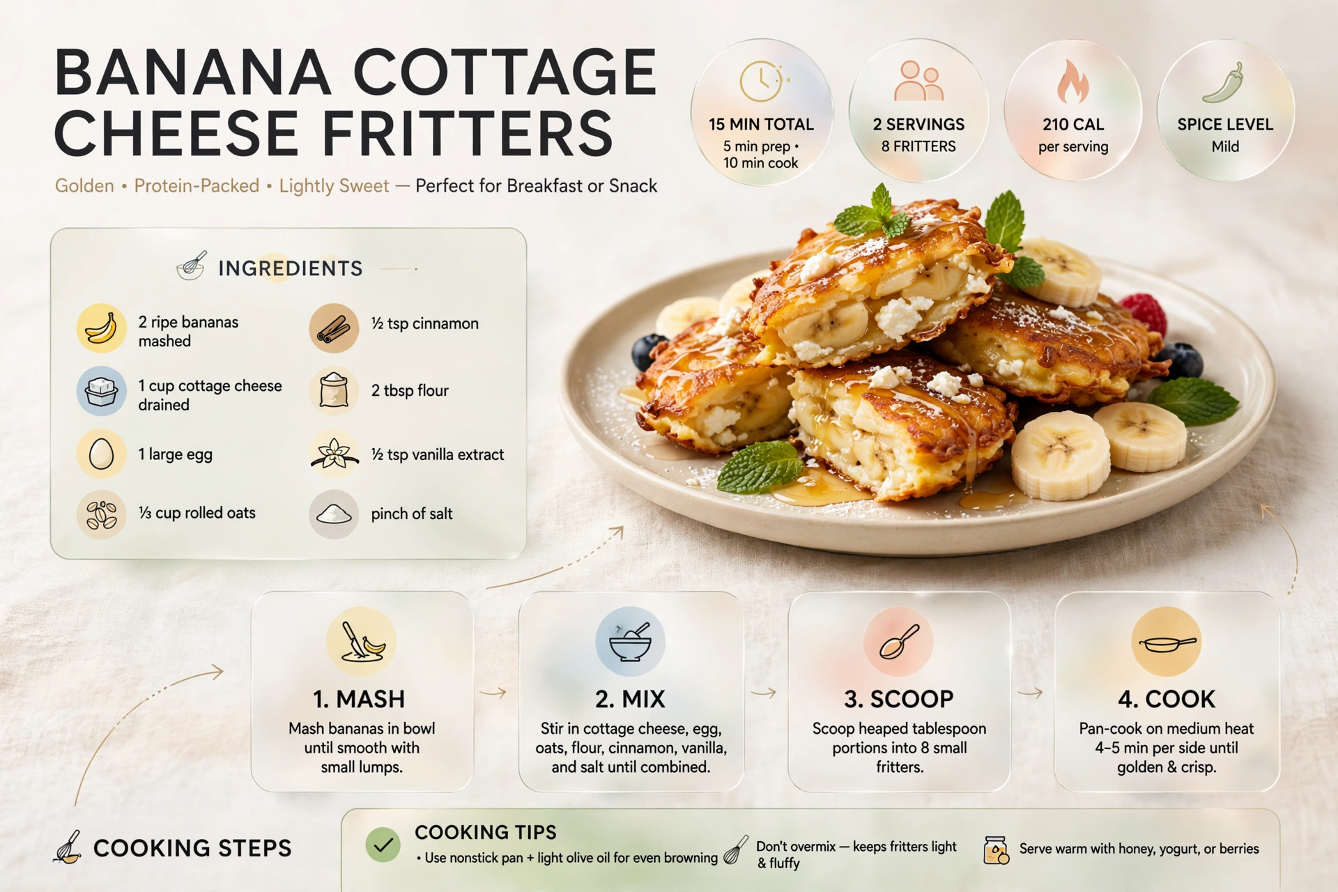 Recipe infographic: Banana Cottage Cheese Fritters — ingredients and step-by-step visual guide