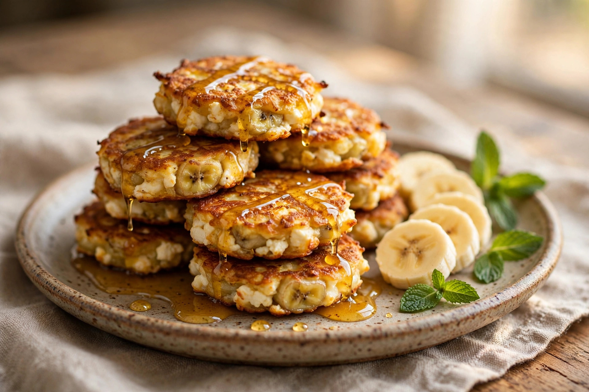 Golden banana cottage cheese fritters stacked on a plate