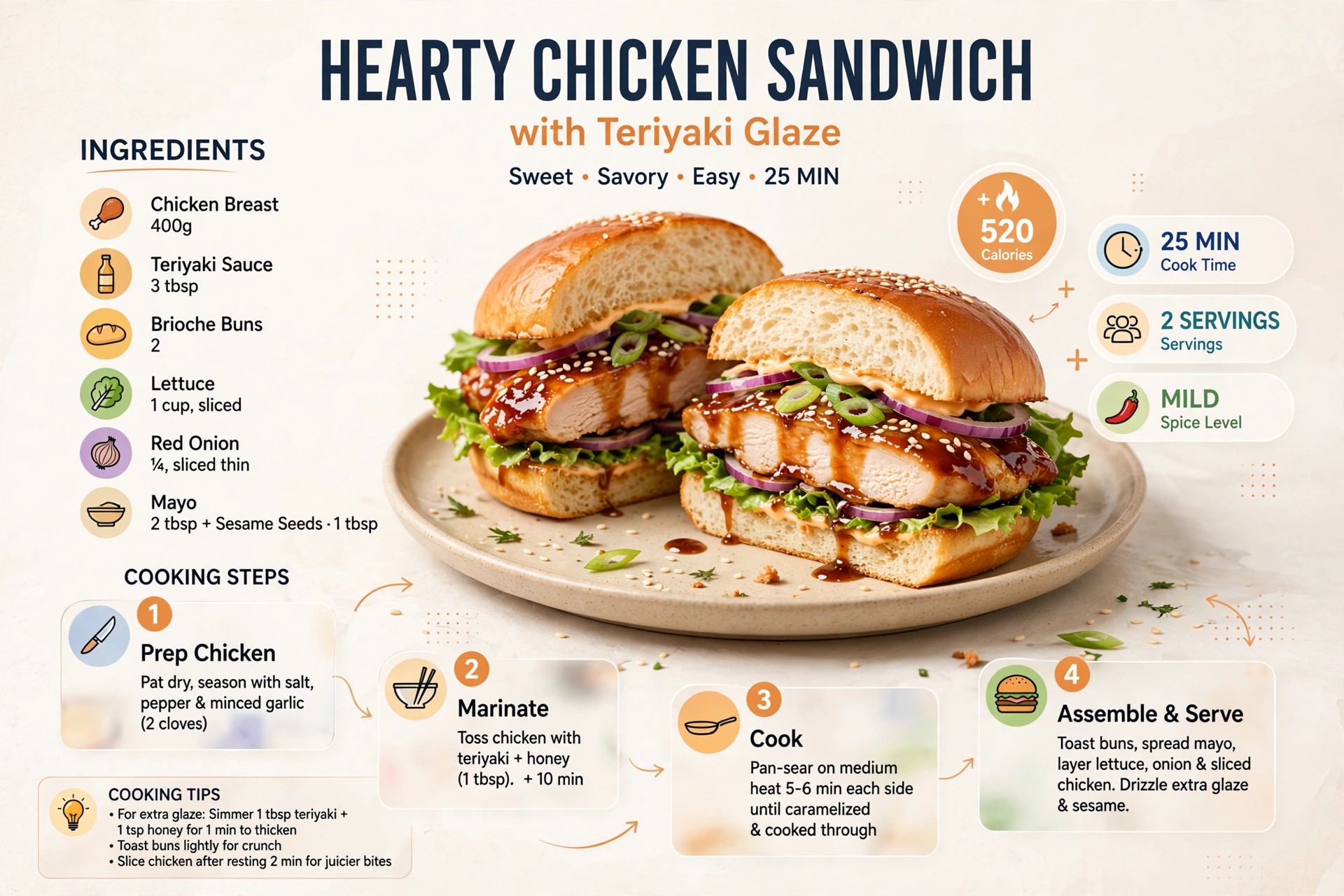 Recipe infographic: Hearty Chicken Sandwich with Teriyaki Glaze — ingredients and step-by-step visual guide