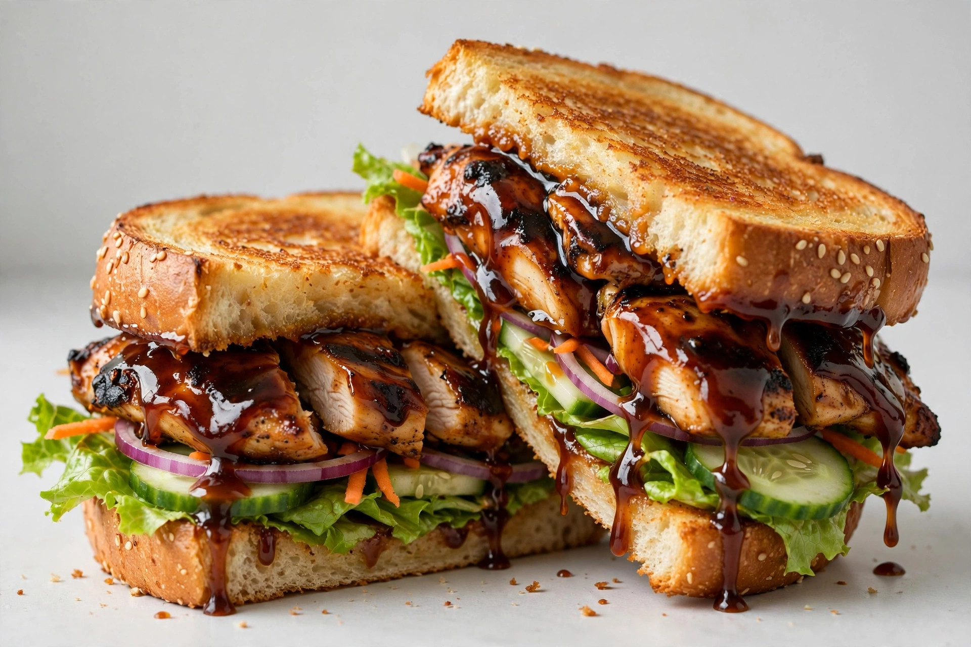 Hearty chicken sandwich with teriyaki glaze and creamy garlic-dill sauce in a toasted bun