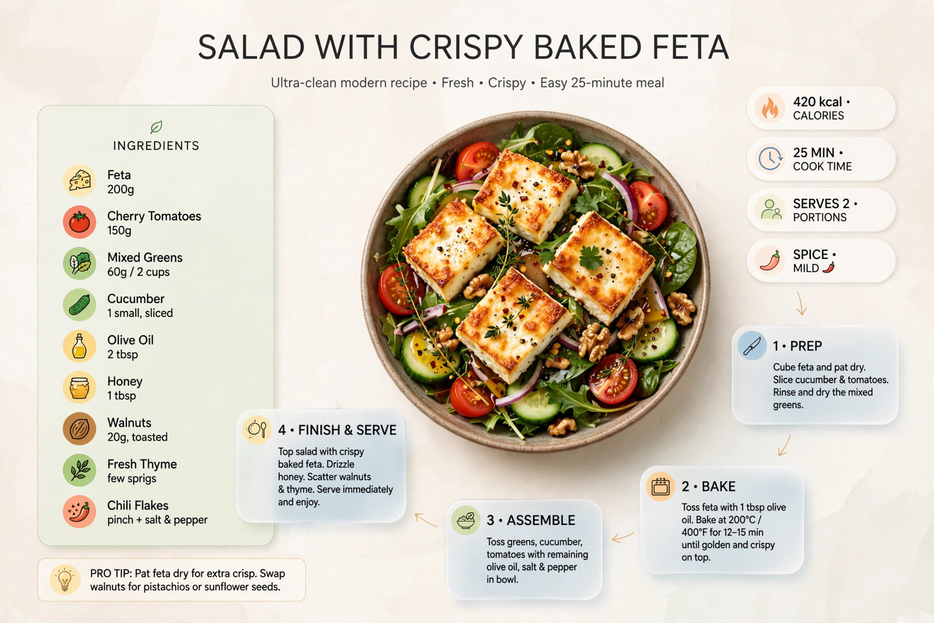 Recipe infographic: Salad with Crispy Baked Feta — ingredients and step-by-step visual guide