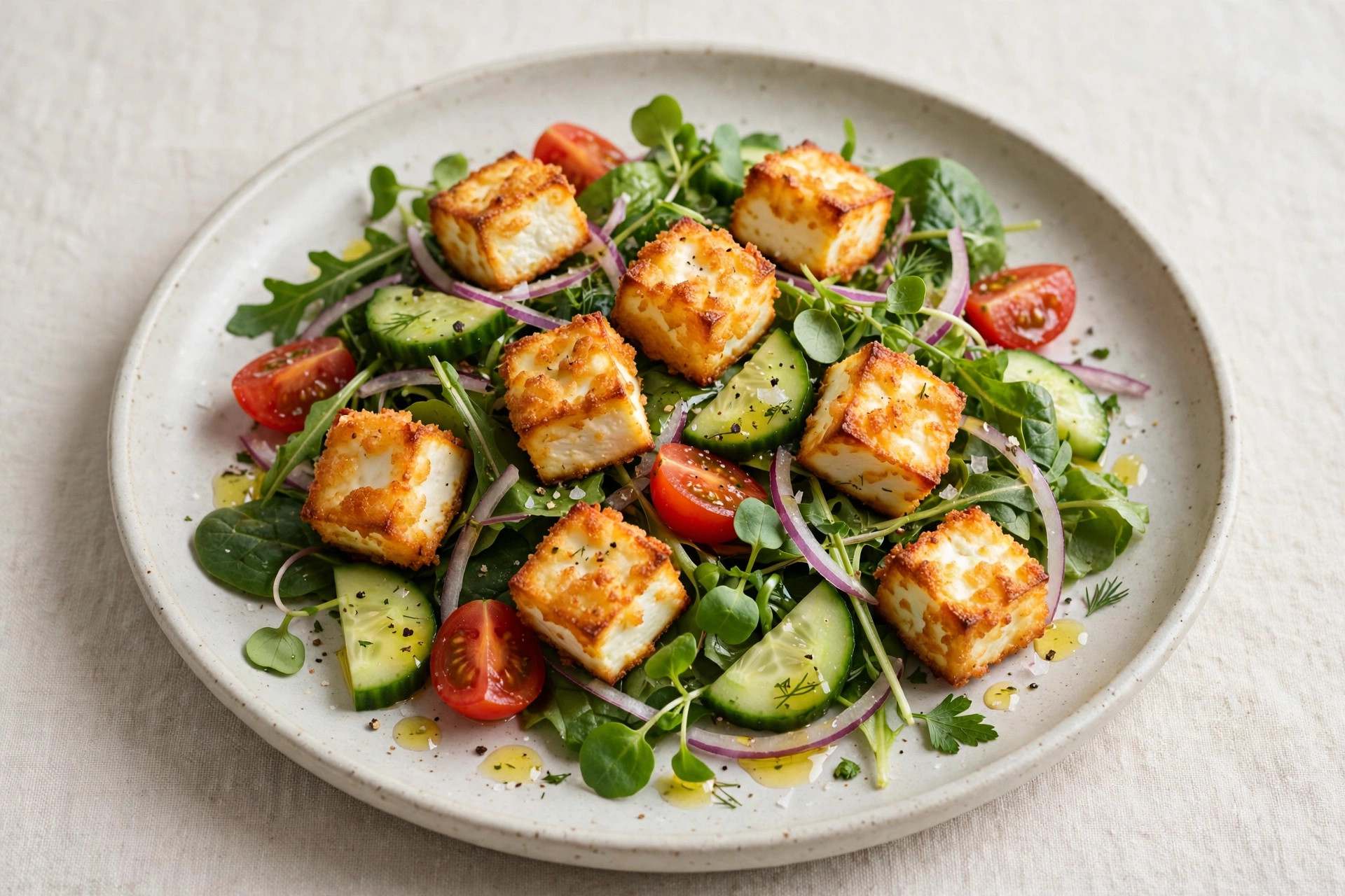Salad with crispy baked feta, cherry tomatoes, red onion and olives drizzled with olive oil