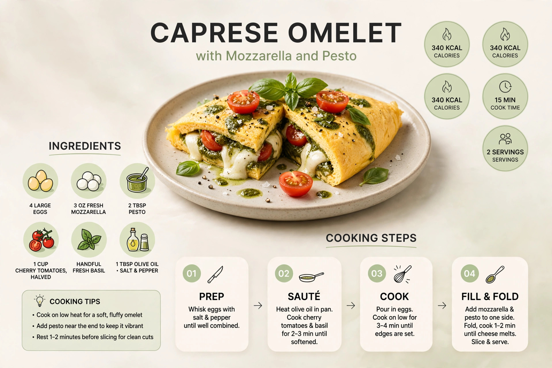 Recipe infographic: Caprese Omelet with Mozzarella and Pesto — ingredients and step-by-step visual guide