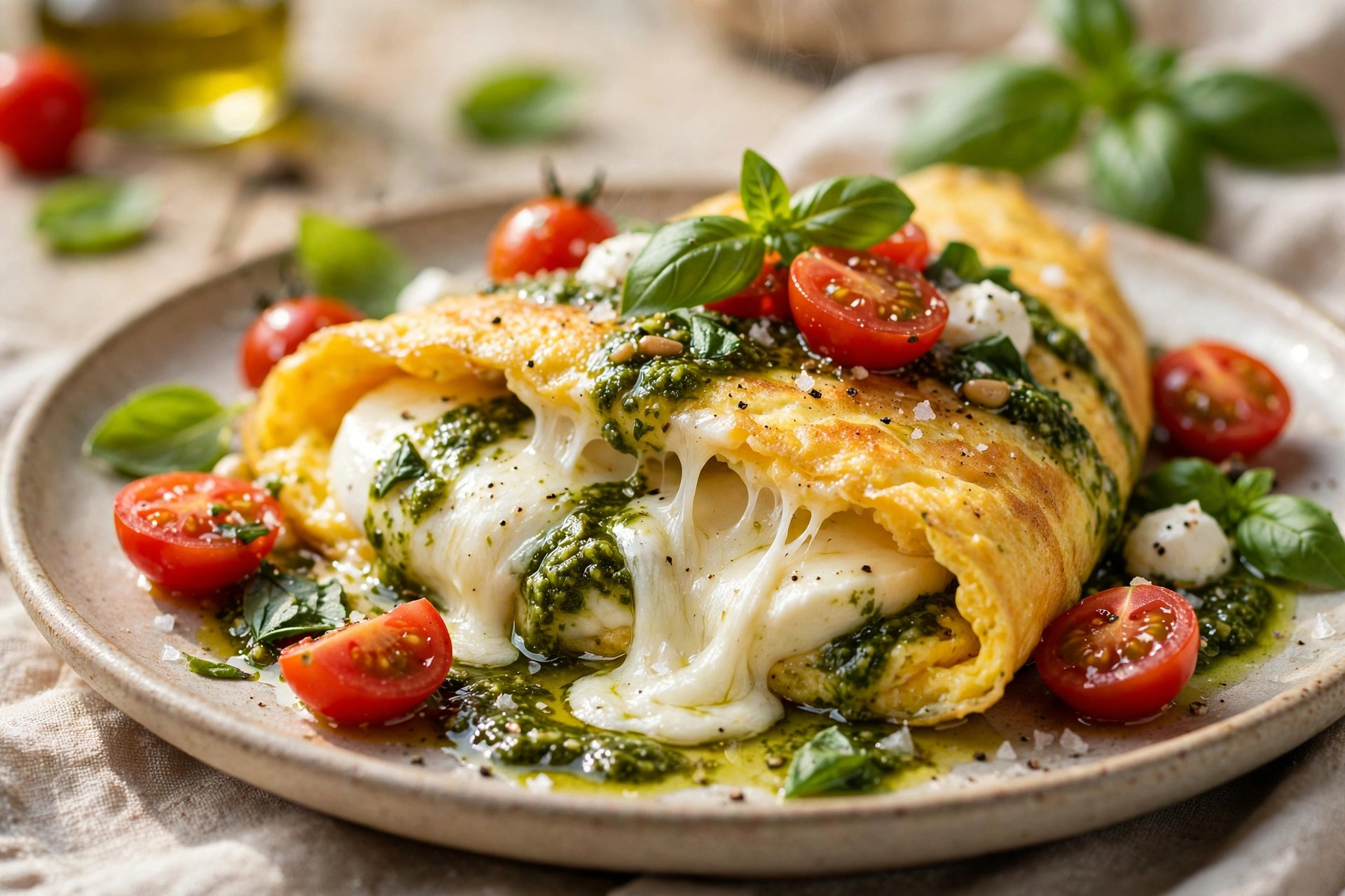Caprese omelet with melted mozzarella, sliced tomatoes, and a pesto drizzle, garnished with fresh spinach