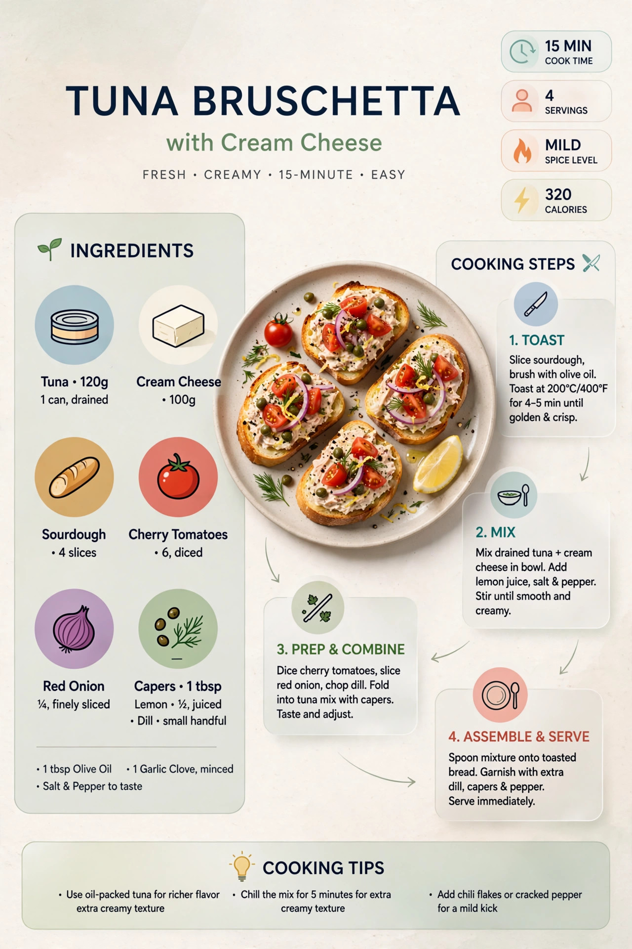 Recipe infographic: Tuna Bruschetta with Cream Cheese — ingredients and step-by-step visual guide