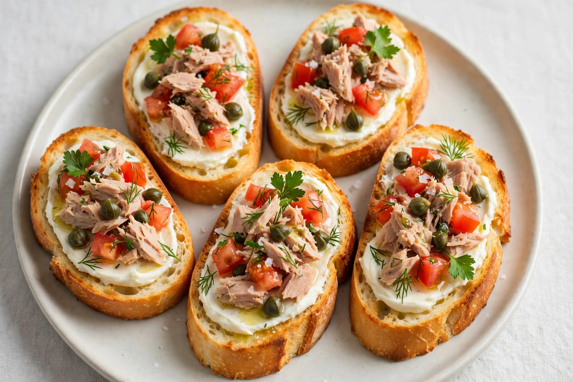 Tuna bruschetta with cream cheese, chopped eggs and fresh herbs on toasted whole grain bread
