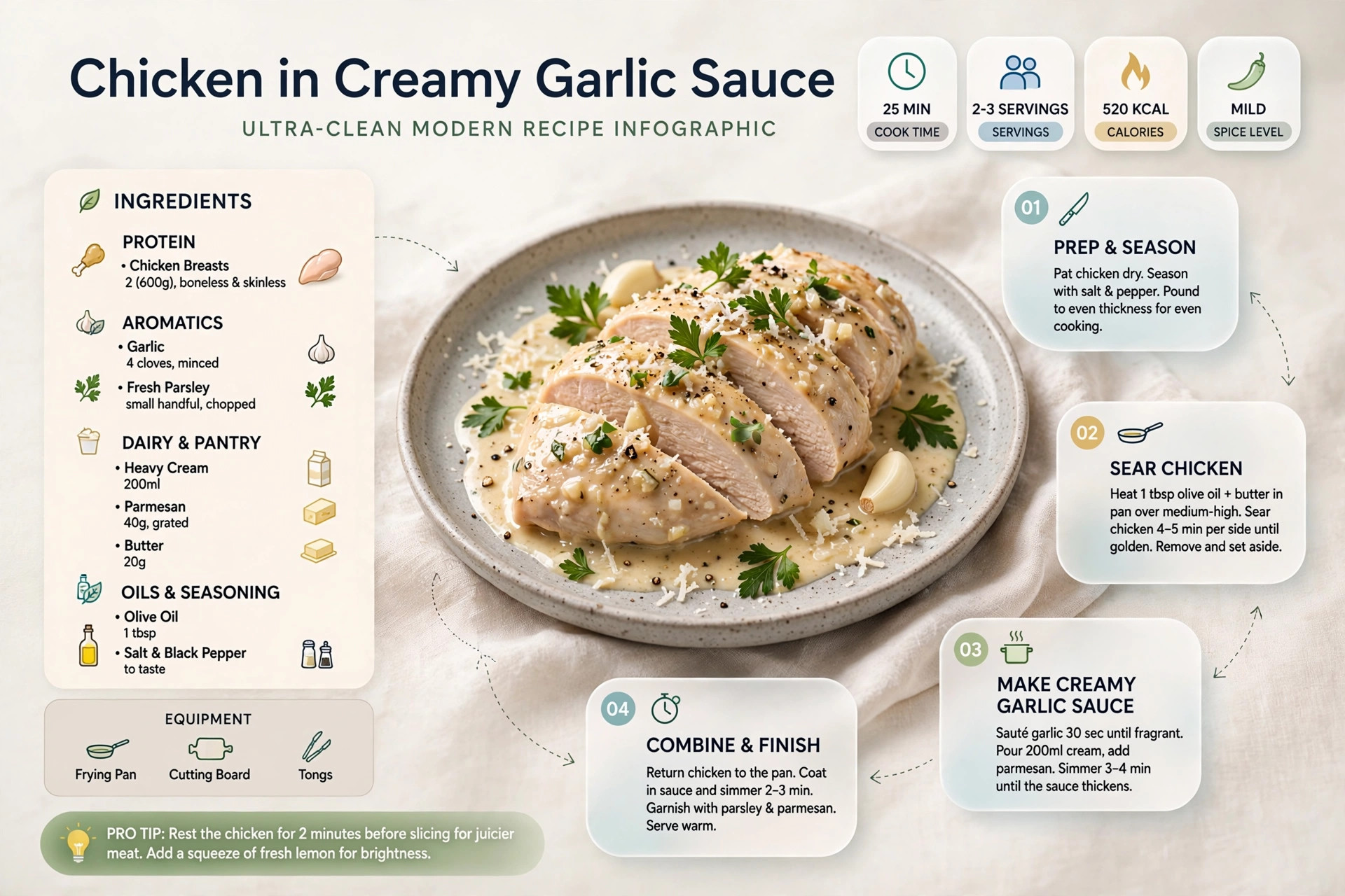 Recipe infographic: Chicken in Creamy Garlic Sauce — ingredients and step-by-step visual guide