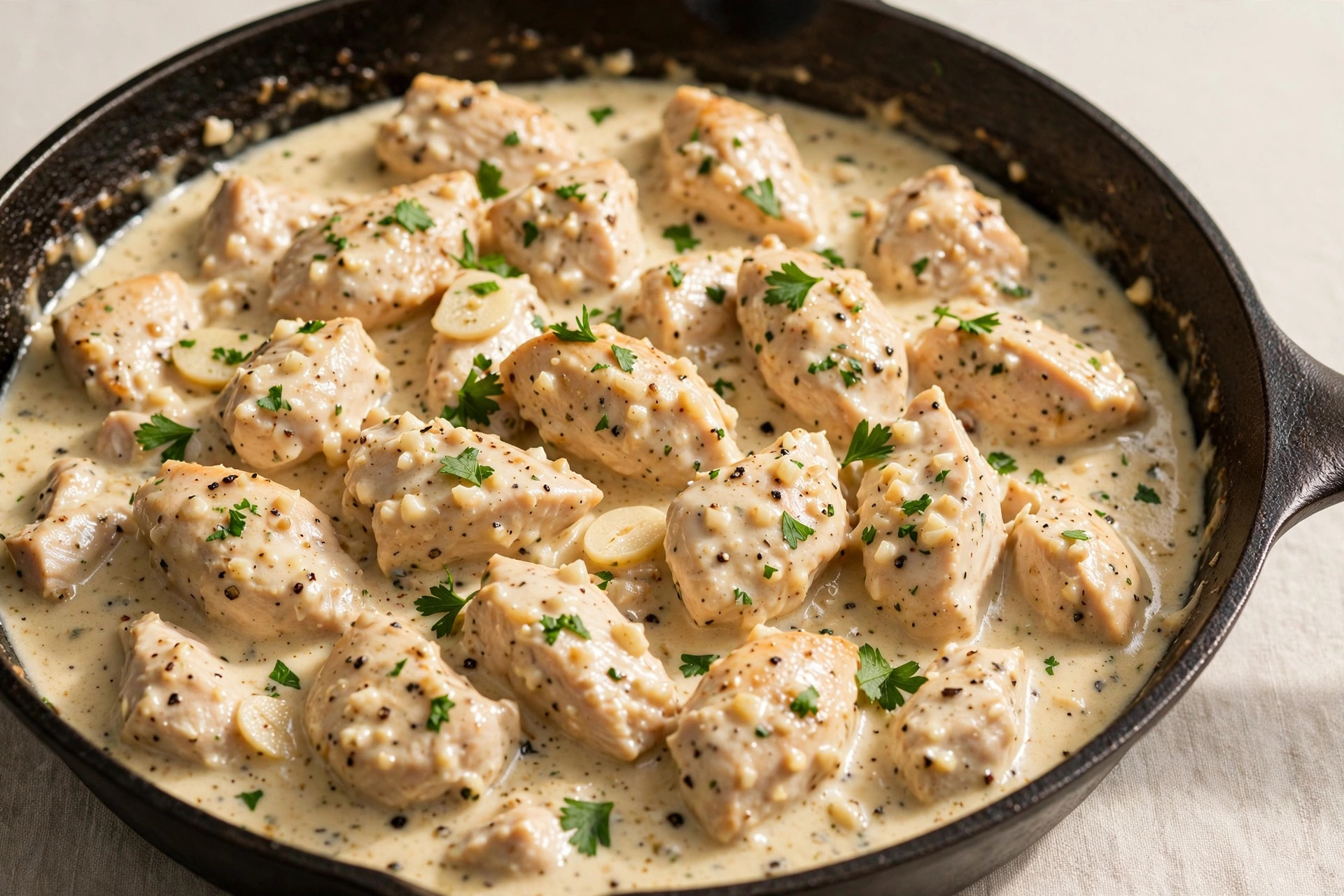 Chicken in creamy garlic sauce with fresh cilantro, served in a skillet