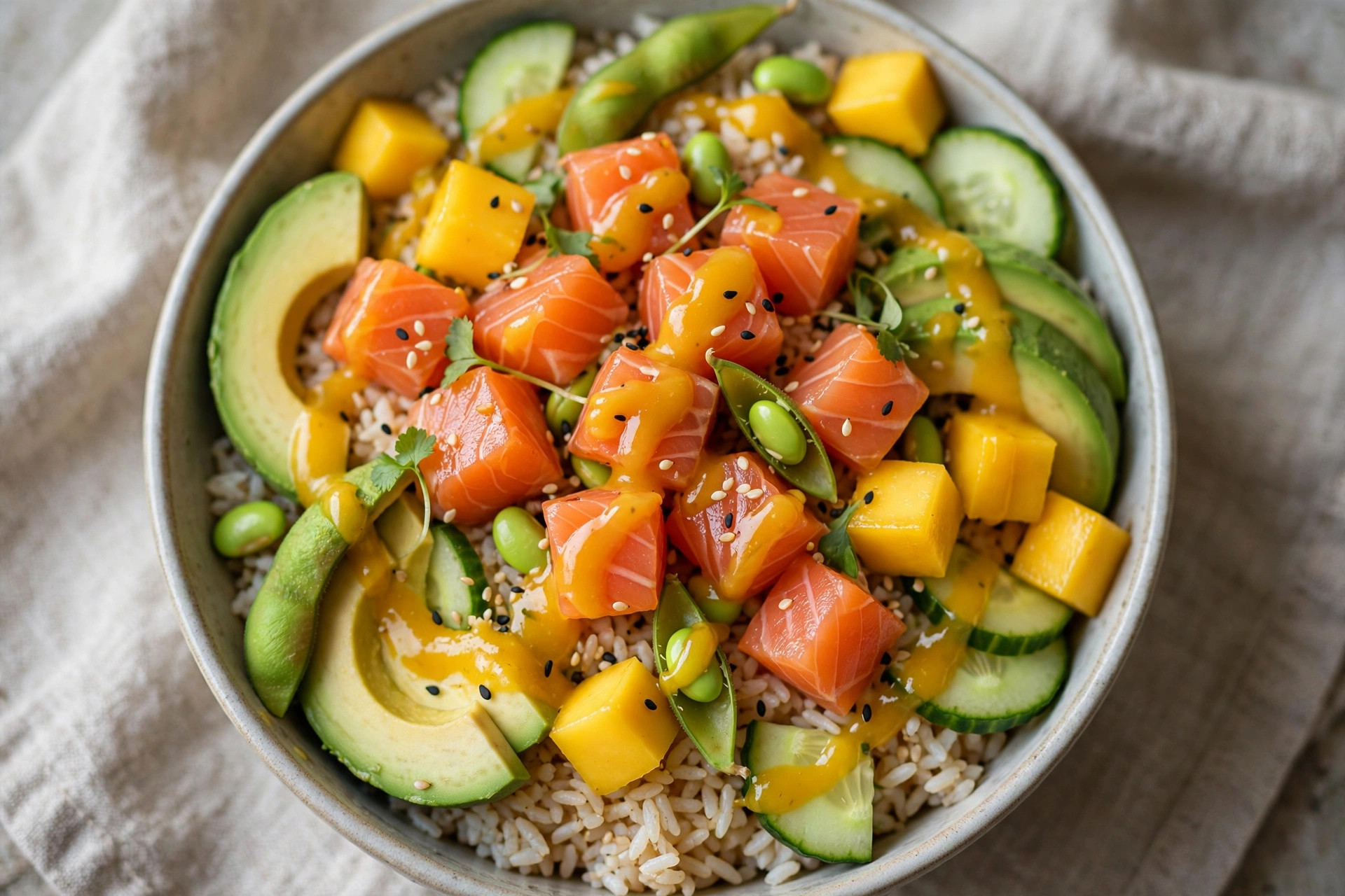 Finished salmon poke bowl with mango dressing, plated and ready to serve