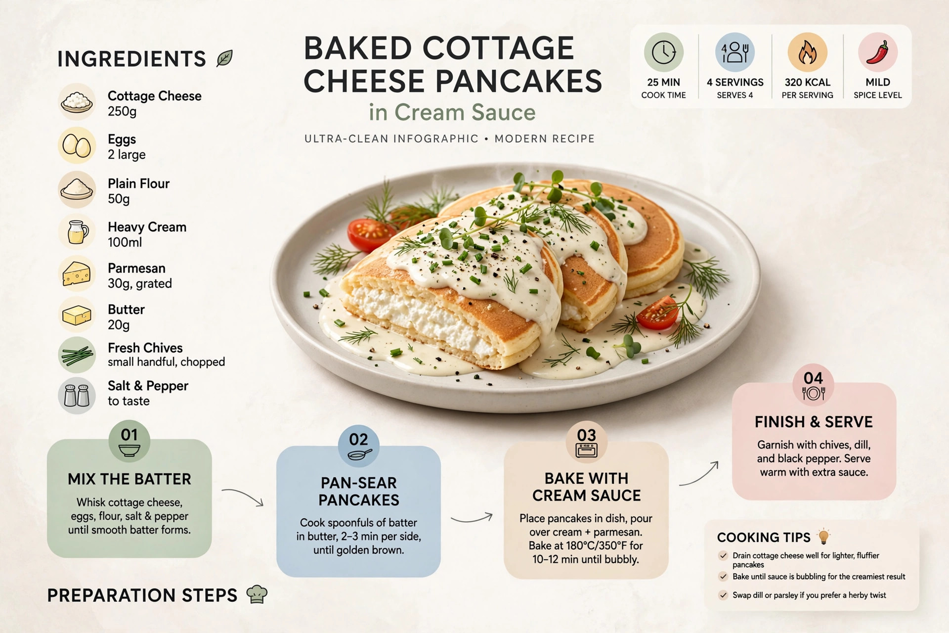 Recipe infographic: Baked Cottage Cheese Pancakes in Cream Sauce — ingredients and step-by-step visual guide