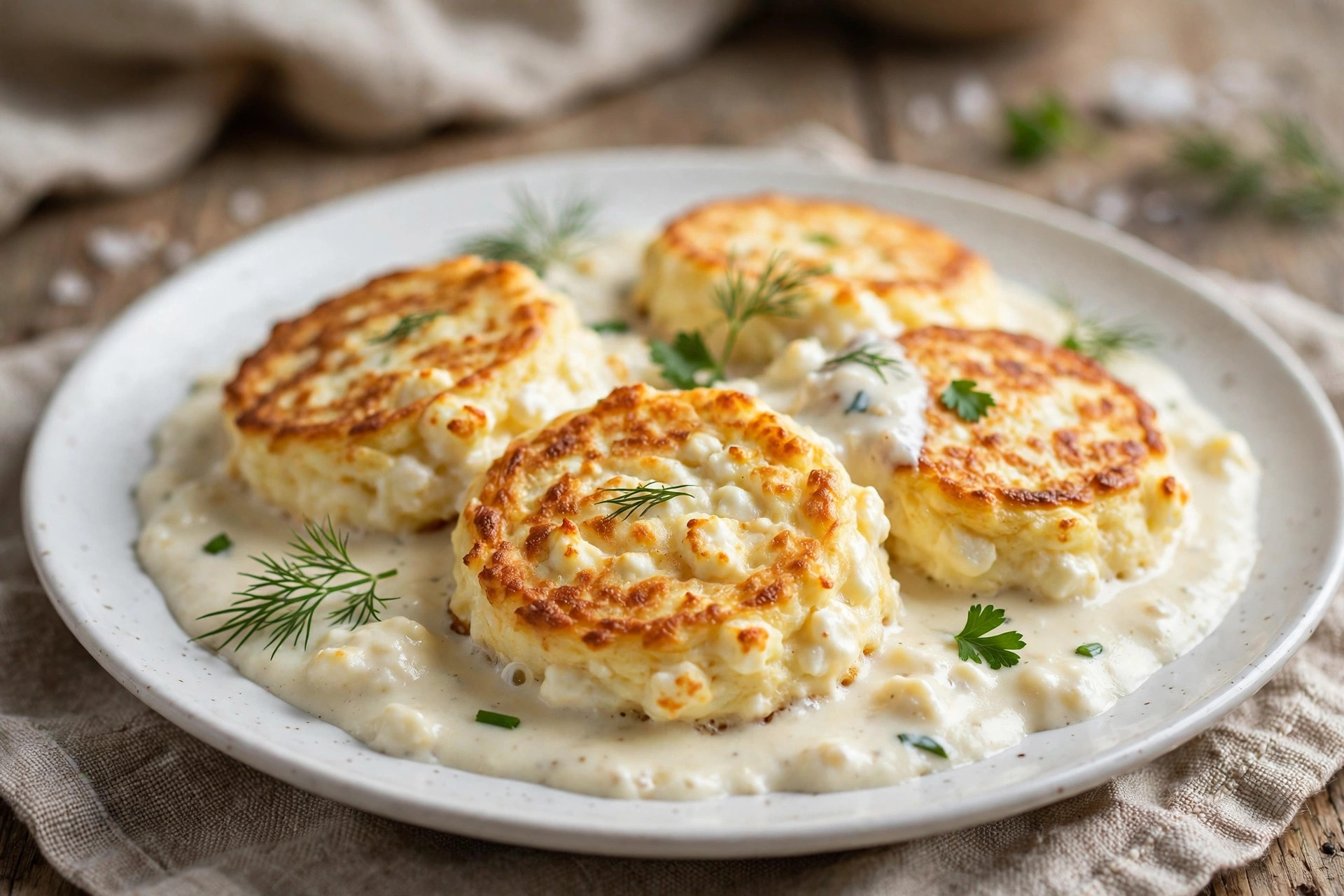 Finished baked cottage cheese pancakes in cream sauce, plated and ready to serve